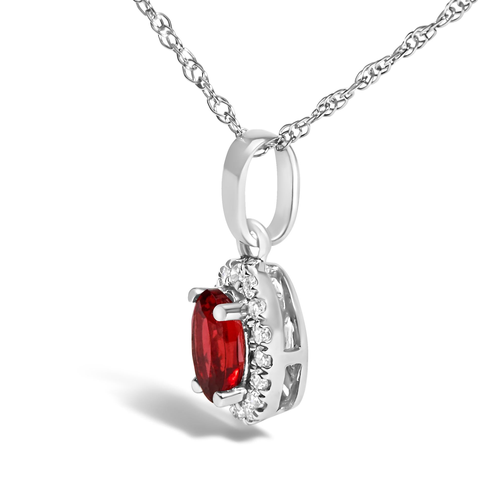 10K White Gold 5x3mm Gemstone and Diamond Accent Halo Oval Shape 18" Pendant Necklace (I-J Color, I1-I2 Clarity)