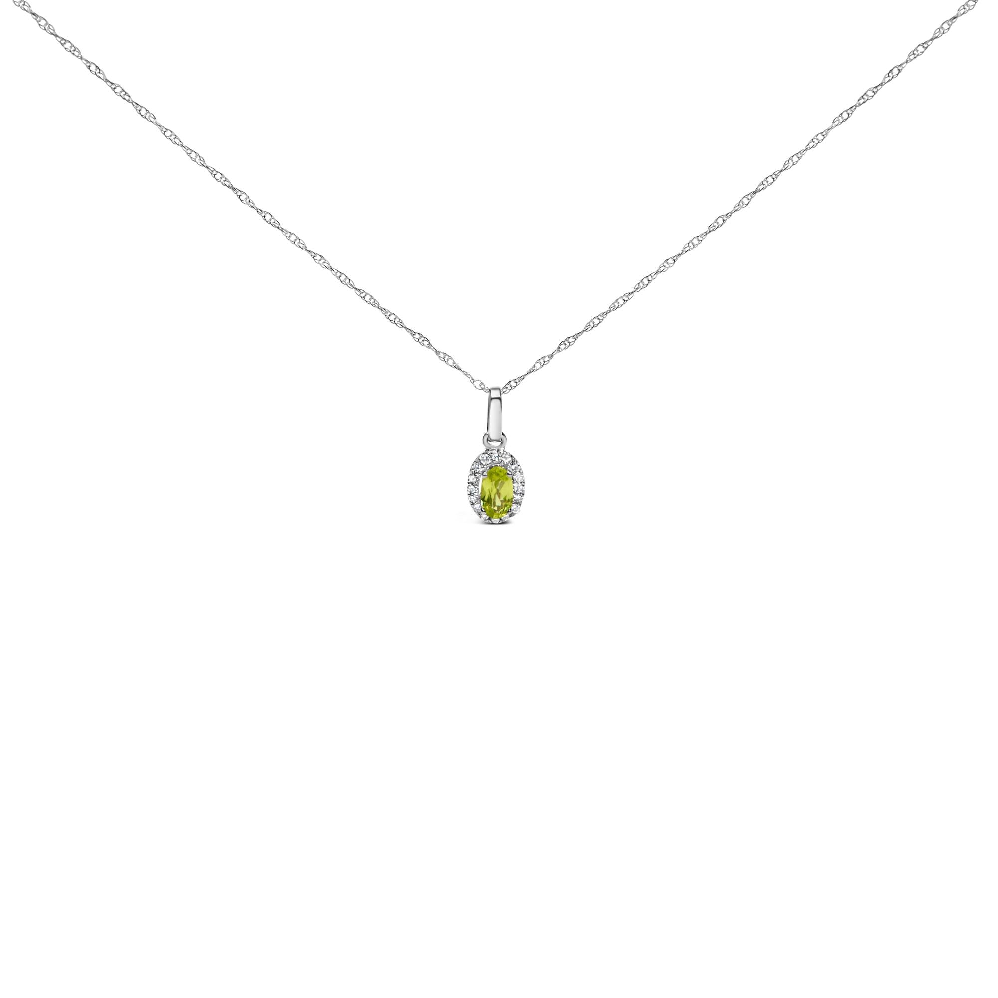 10K White Gold 5x3mm Gemstone and Diamond Accent Halo Oval Shape 18" Pendant Necklace (I-J Color, I1-I2 Clarity)