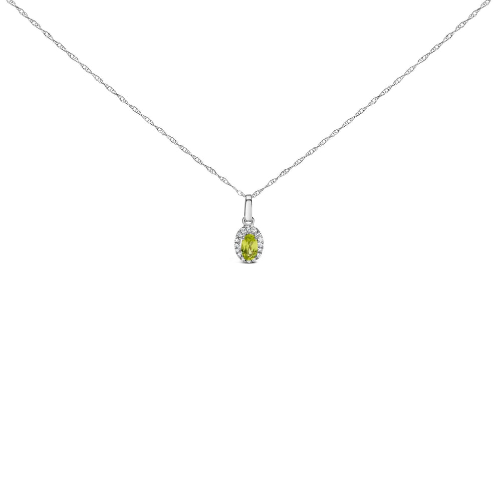10K White Gold 5x3mm Gemstone and Diamond Accent Halo Oval Shape 18" Pendant Necklace (I-J Color, I1-I2 Clarity)