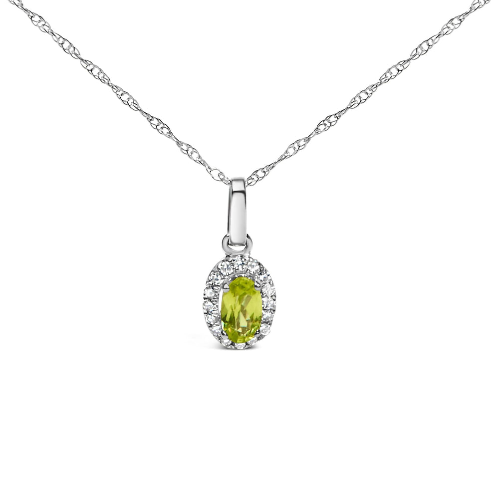 10K White Gold 5x3mm Gemstone and Diamond Accent Halo Oval Shape 18" Pendant Necklace (I-J Color, I1-I2 Clarity)