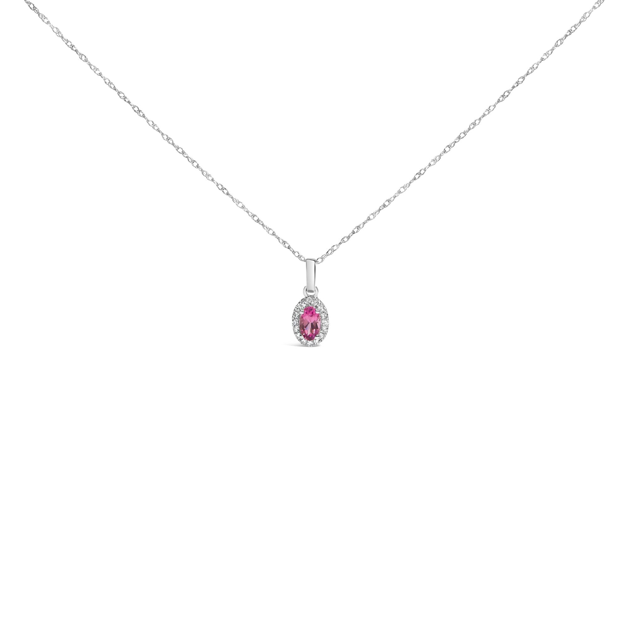 10K White Gold 5x3mm Gemstone and Diamond Accent Halo Oval Shape 18" Pendant Necklace (I-J Color, I1-I2 Clarity)