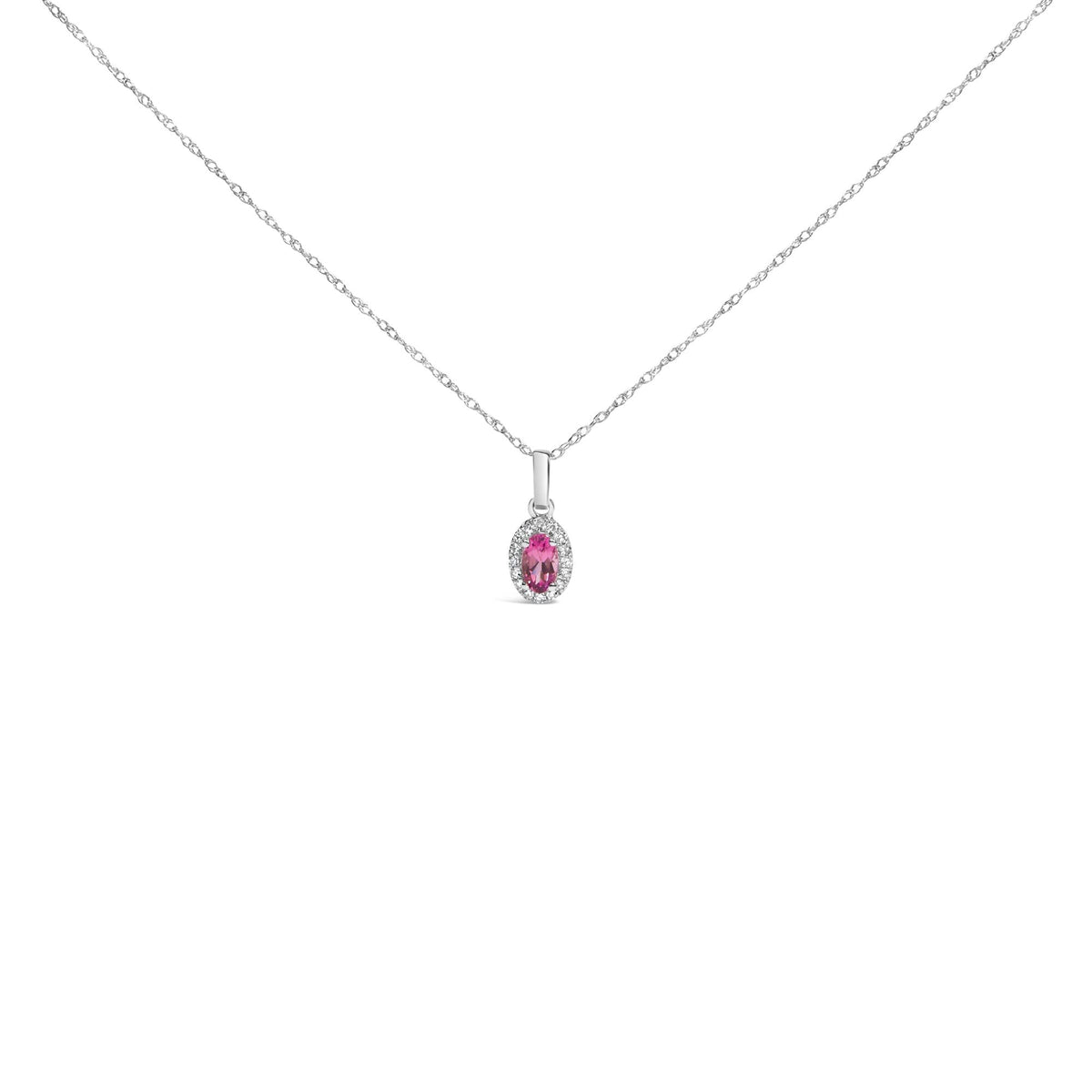 10K White Gold 5x3mm Gemstone and Diamond Accent Halo Oval Shape 18" Pendant Necklace (I-J Color, I1-I2 Clarity)