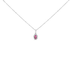 10K White Gold 5x3mm Gemstone and Diamond Accent Halo Oval Shape 18" Pendant Necklace (I-J Color, I1-I2 Clarity)