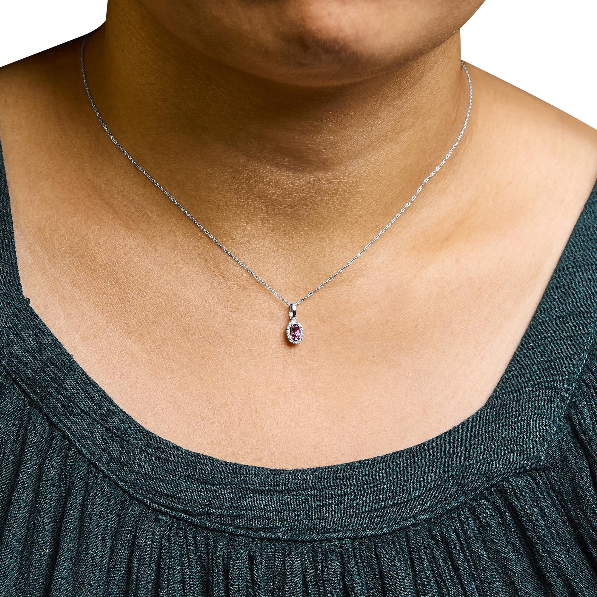 10K White Gold 5x3mm Gemstone and Diamond Accent Halo Oval Shape 18" Pendant Necklace (I-J Color, I1-I2 Clarity)