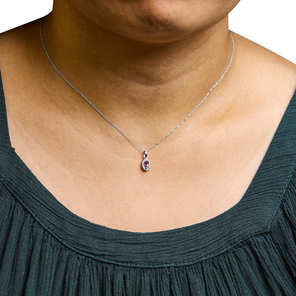 10K White Gold 5x3mm Gemstone and Diamond Accent Halo Oval Shape 18" Pendant Necklace (I-J Color, I1-I2 Clarity)
