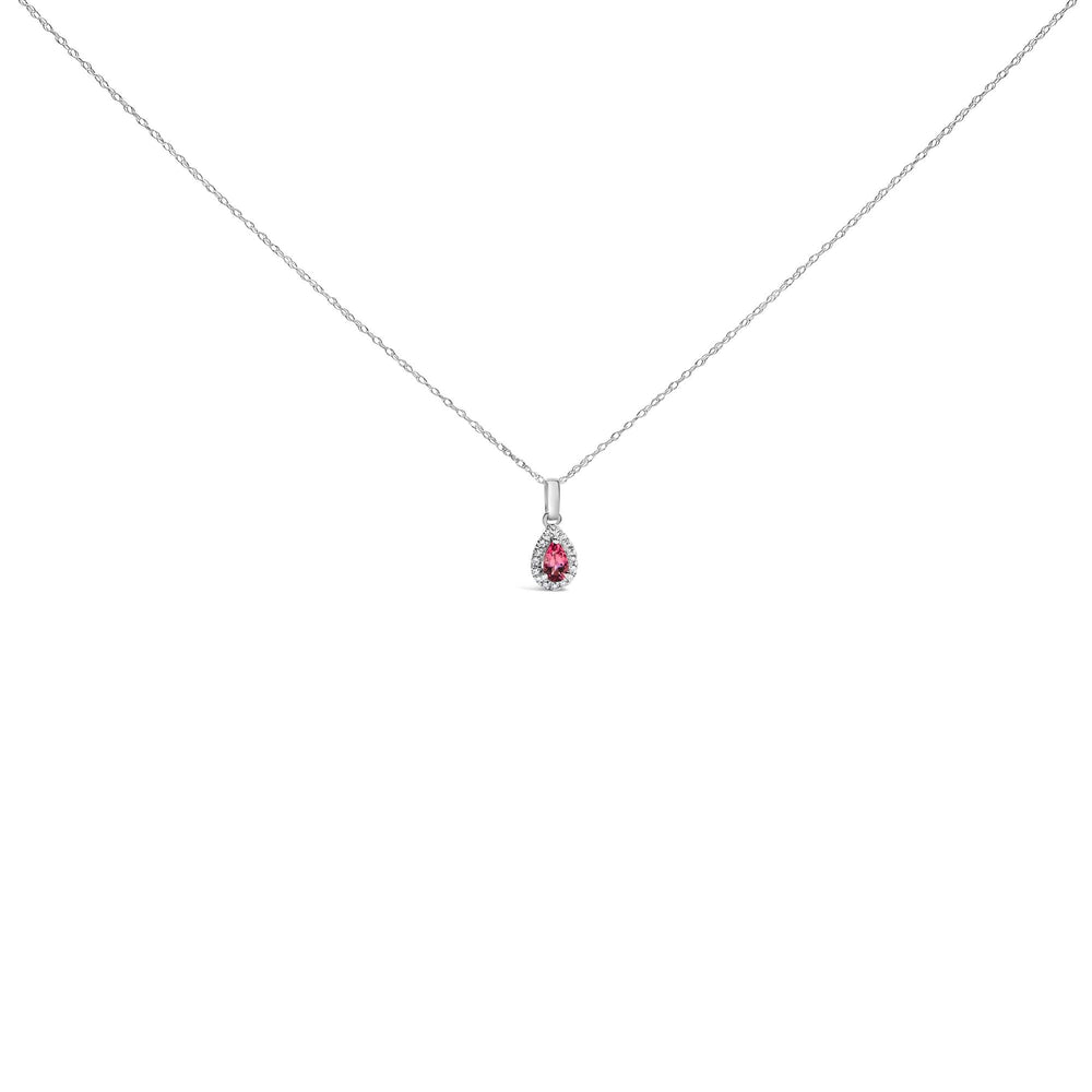 10K White Gold 5x3mm Gemstone and Diamond Accent Halo Pear Shape 18" Pendant Necklace (I-J Color, I1-I2 Clarity)