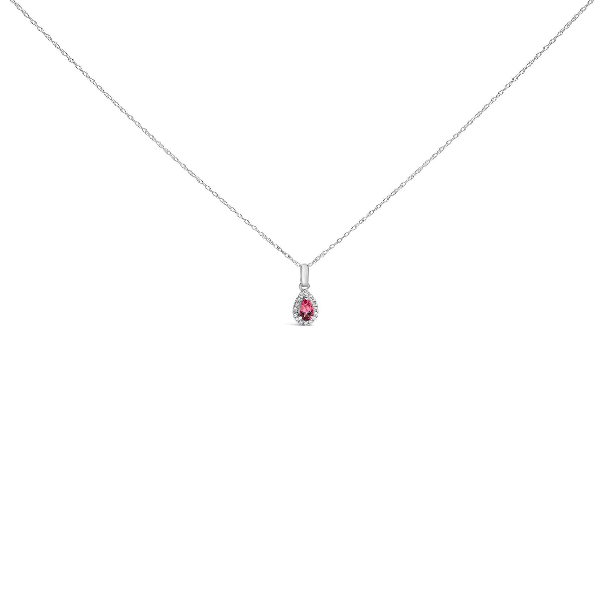 10K White Gold 5x3mm Gemstone and Diamond Accent Halo Pear Shape 18" Pendant Necklace (I-J Color, I1-I2 Clarity)