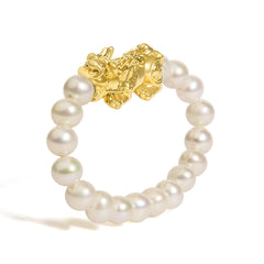 18K Yellow Gold Freshwater Pearl Dragon Charm Adjustable Ring Band