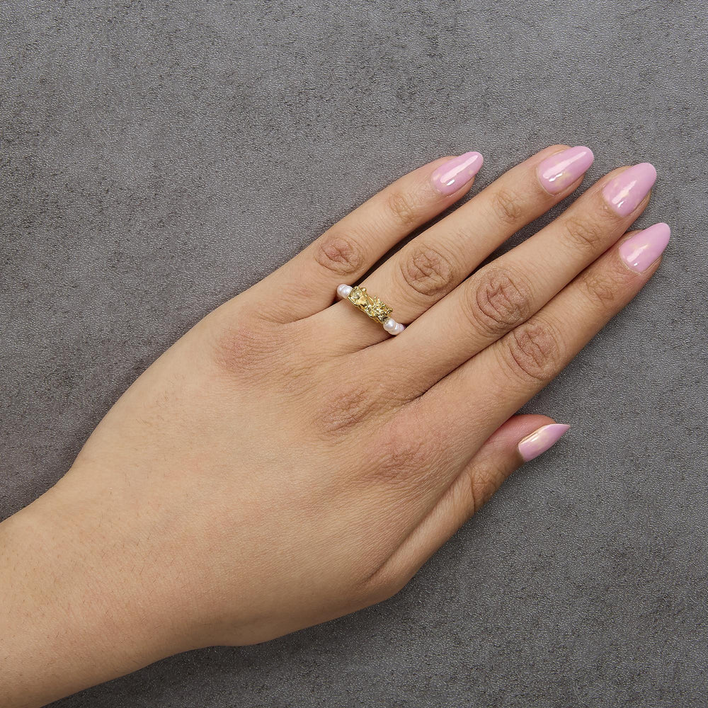 18K Yellow Gold Freshwater Pearl Dragon Charm Adjustable Ring Band