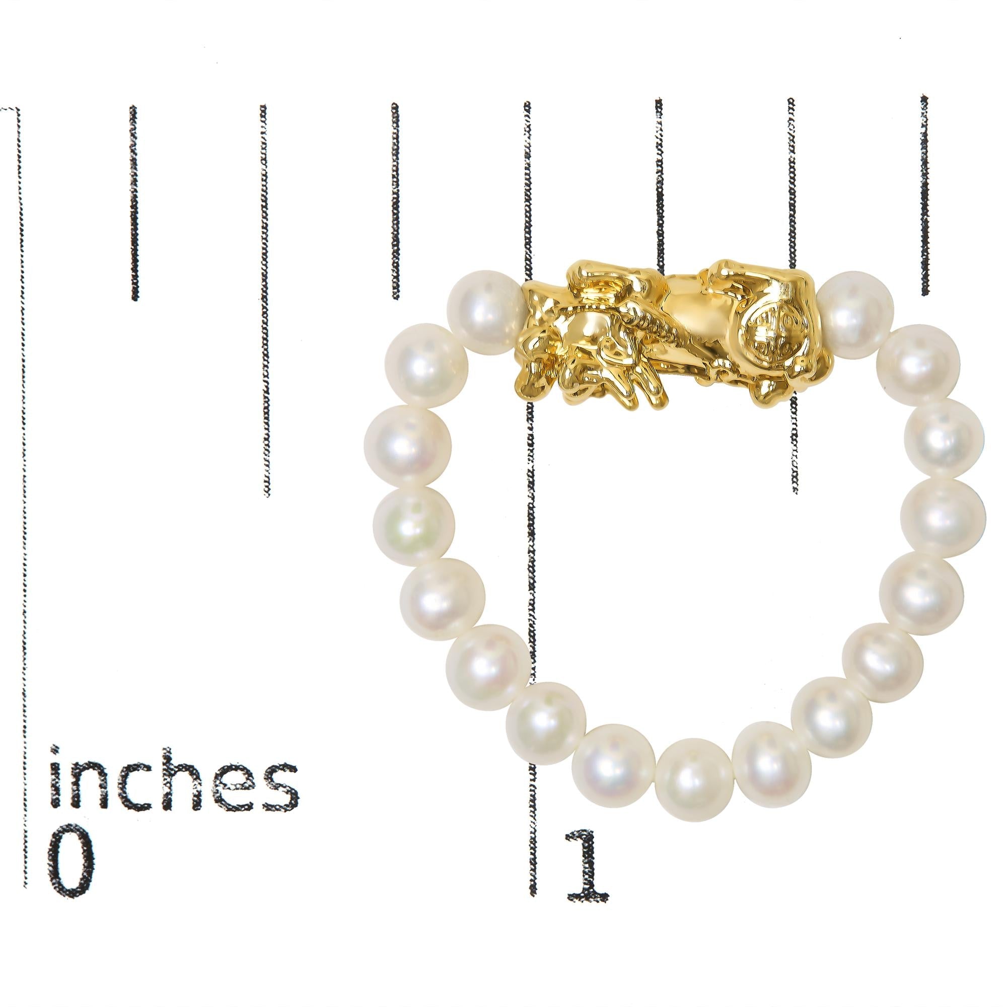 18K Yellow Gold Freshwater Pearl Dragon Charm Adjustable Ring Band