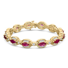 14K Yellow Gold 8x4 MM Marquise Red Ruby and 2.0 Cttw Diamond Vintage Style Oval Link Bracelet - 7.25"