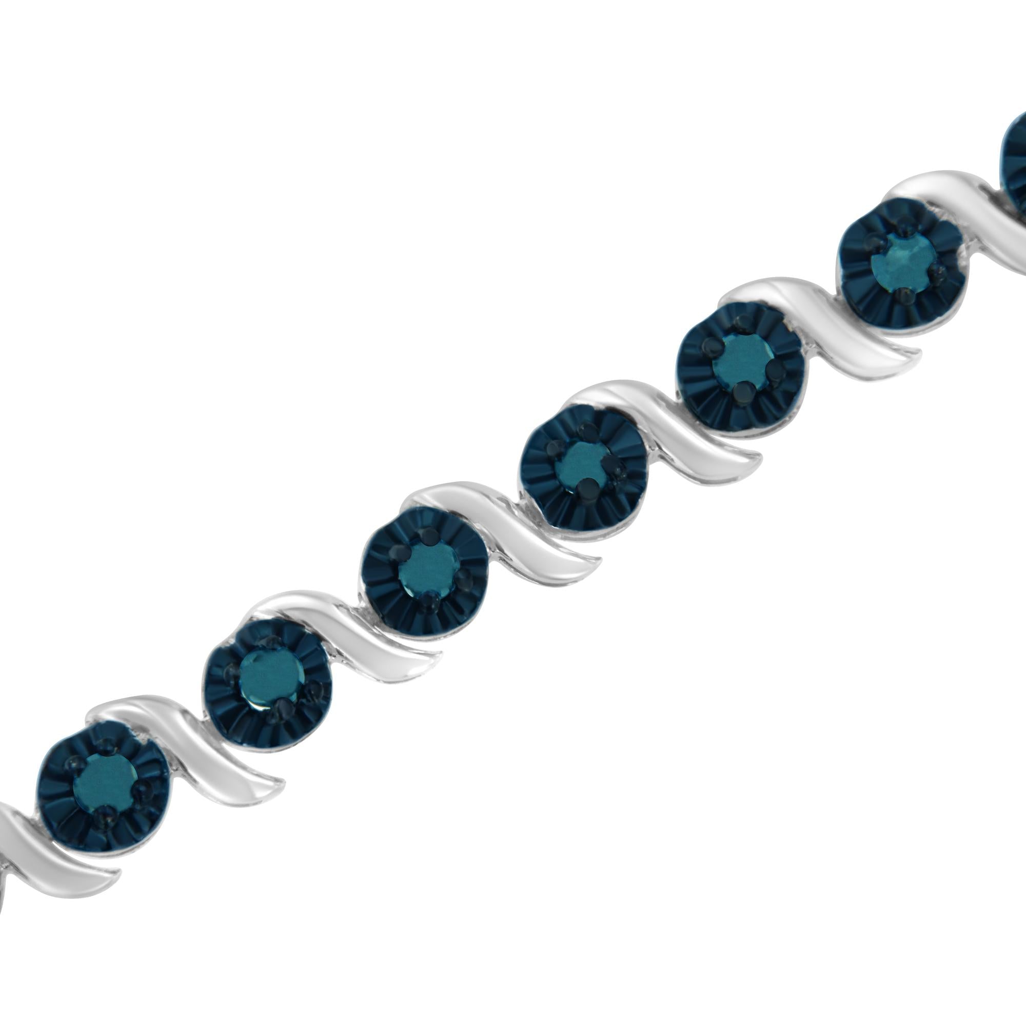 .925 Sterling Silver 1.0 Cttw Diamond Spiral Wave Curved-Link 7" Tennis Bracelet (Enhanced Blue Color, I1-I2 Clarity)