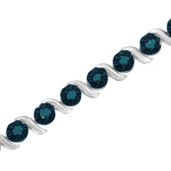 .925 Sterling Silver 1.0 Cttw Diamond Spiral Wave Curved-Link 7" Tennis Bracelet (Enhanced Blue Color, I1-I2 Clarity)
