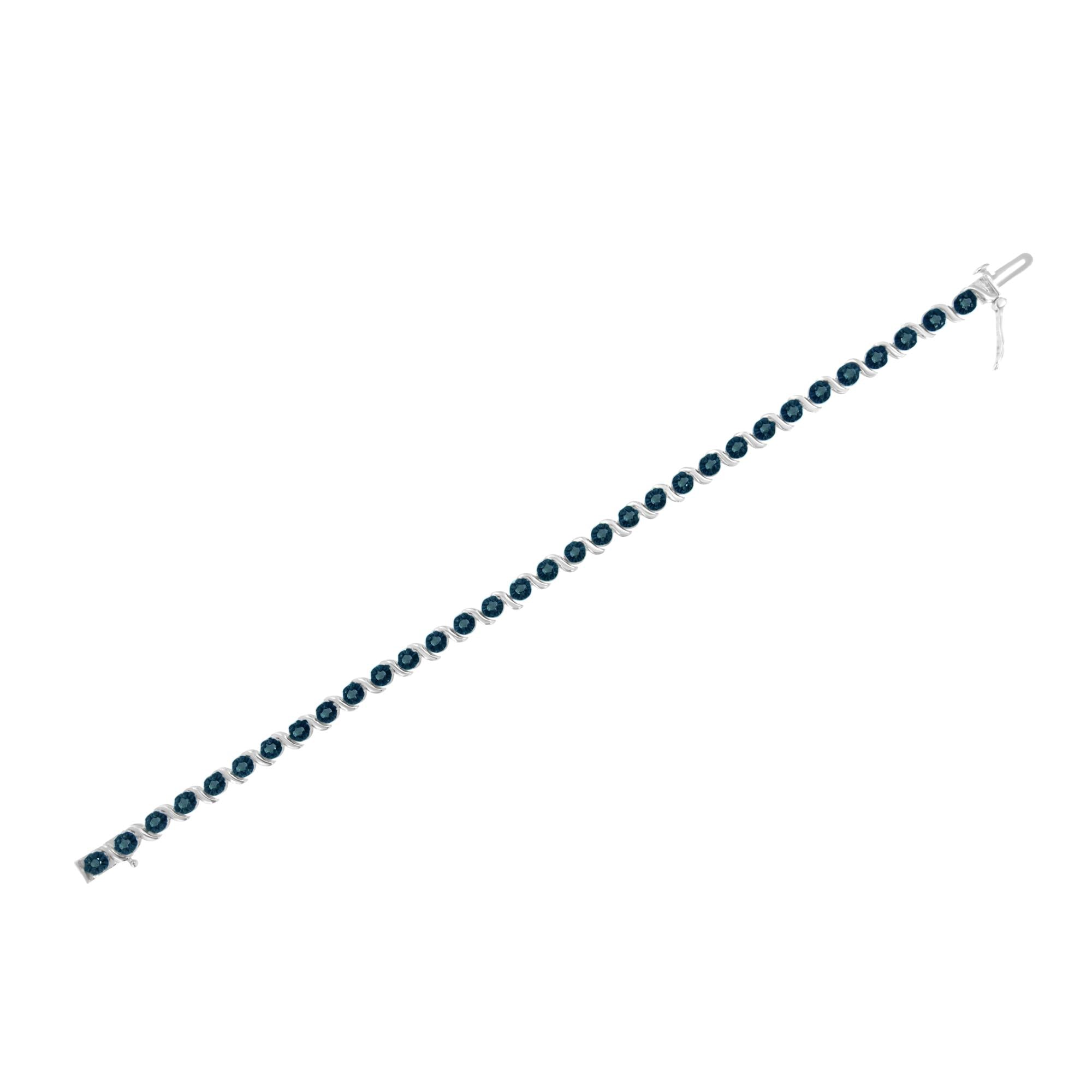 .925 Sterling Silver 1.0 Cttw Diamond Spiral Wave Curved-Link 7" Tennis Bracelet (Enhanced Blue Color, I1-I2 Clarity)