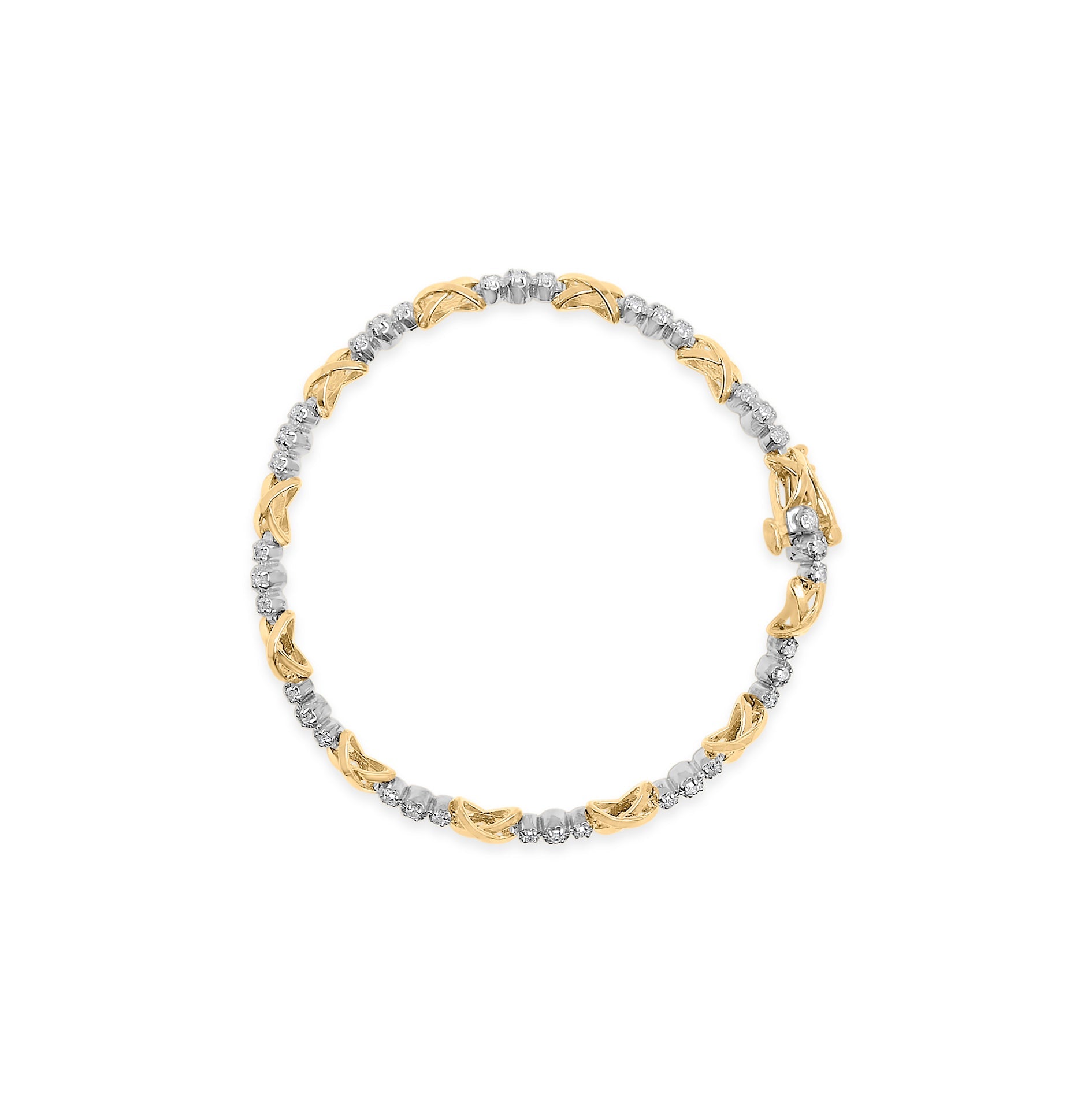 10K Two-Tone Gold 1/2 Cttw Diamond Alternating 3 Stone and X-Link 7" Bracelet (I-J Color, I2-I3 Clarity)