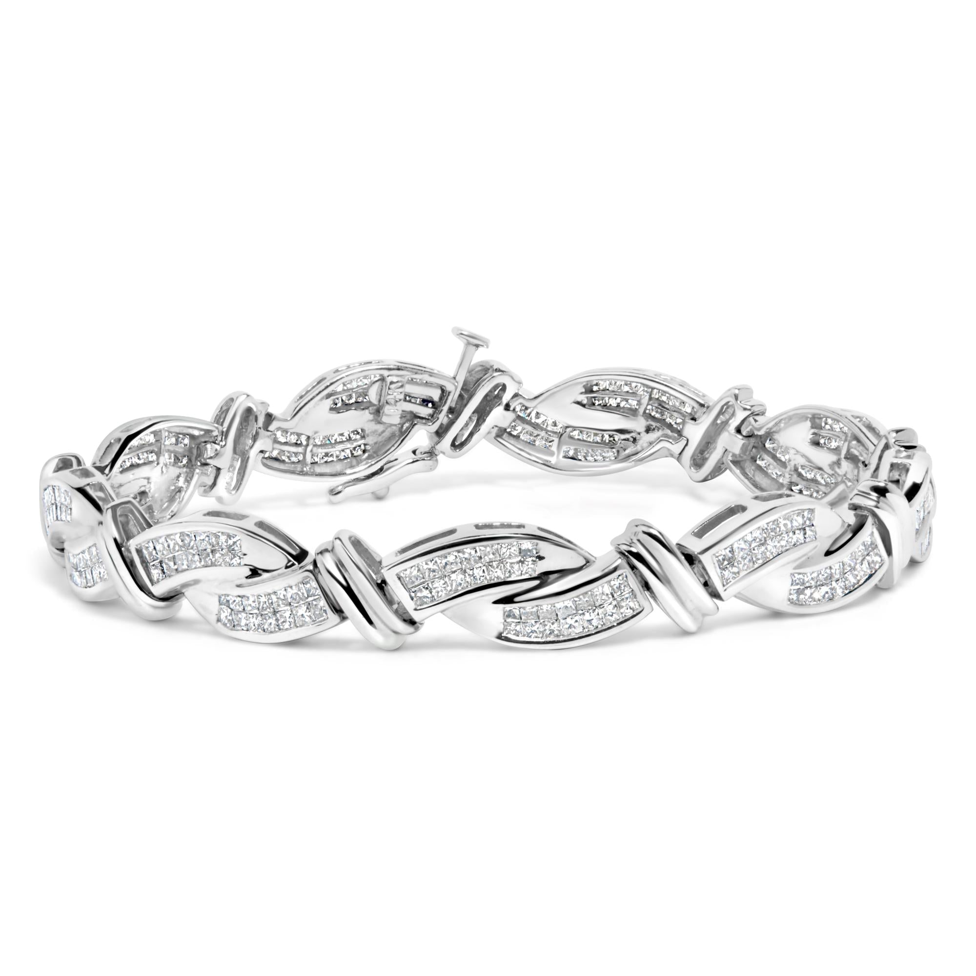 14K White Gold 4.0 Cttw Invisble Set Princess-Cut Diamond Wave Style Link Bracelet (H-I Color, SI2-I1 Clarity) - 7"