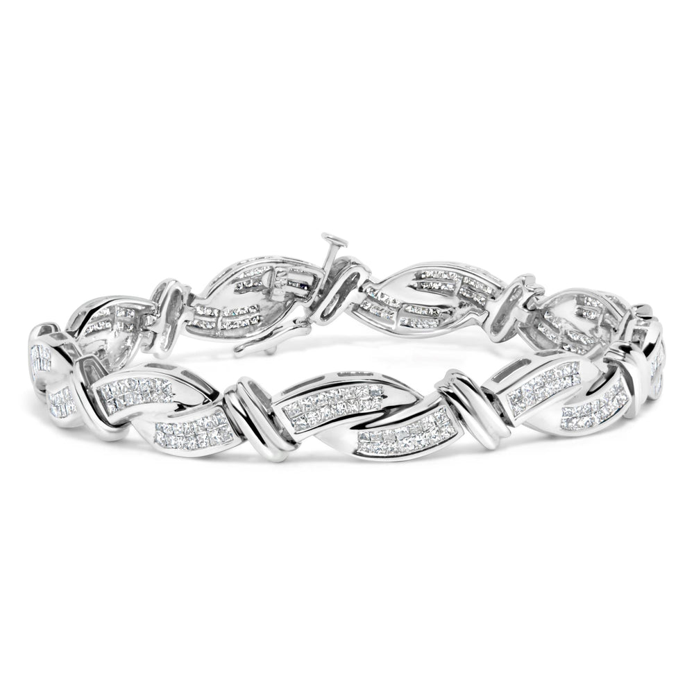14K White Gold 4.0 Cttw Invisble Set Princess-Cut Diamond Wave Style Link Bracelet (H-I Color, SI2-I1 Clarity) - 7"