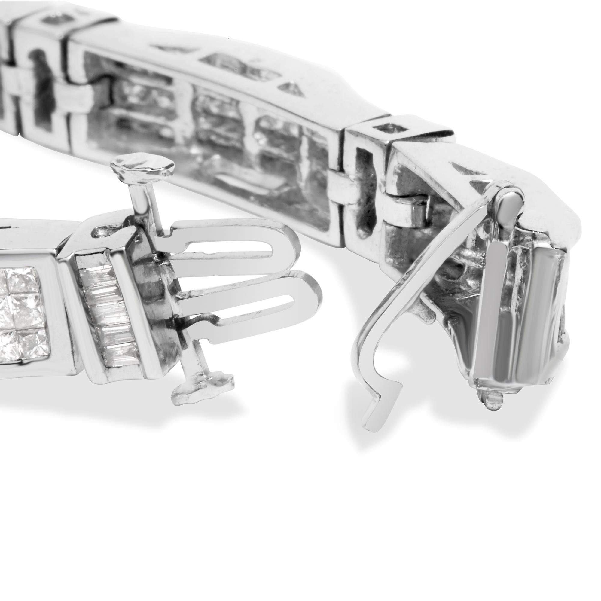 14K White Gold 7.0 Cttw Princess and Baguette Diamond Alternating Link Tennis Bracelet (H-I Color, I1-I2 Clarity) - 7" Inches