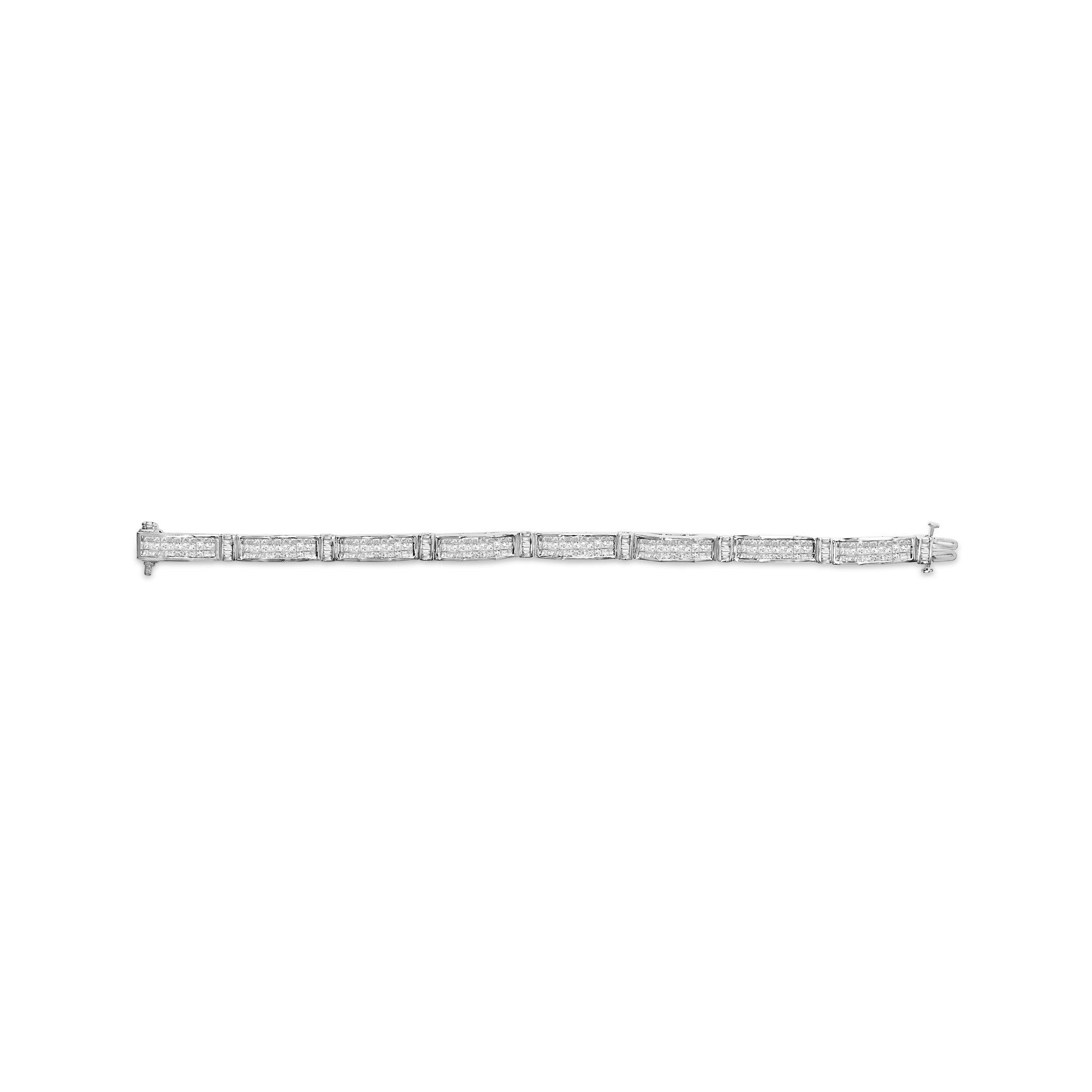 14K White Gold 7.0 Cttw Princess and Baguette Diamond Alternating Link Tennis Bracelet (H-I Color, I1-I2 Clarity) - 7" Inches