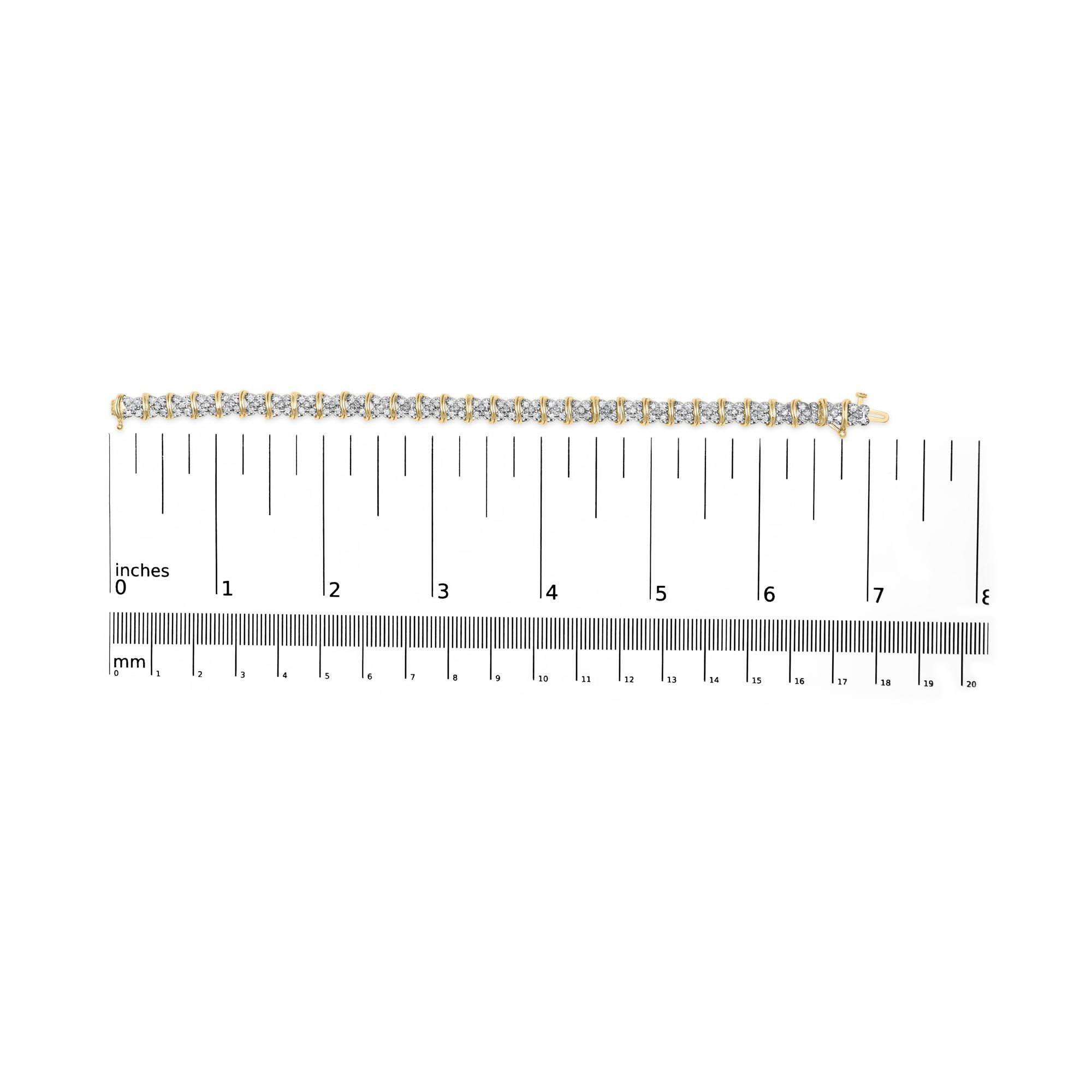 10K Yellow Gold Plated .925 Sterling Silver 2.0 Cttw Round Diamond Cluster "X" Shaped Link Bracelet (H-I Color, I3 Clarity) - 7"
