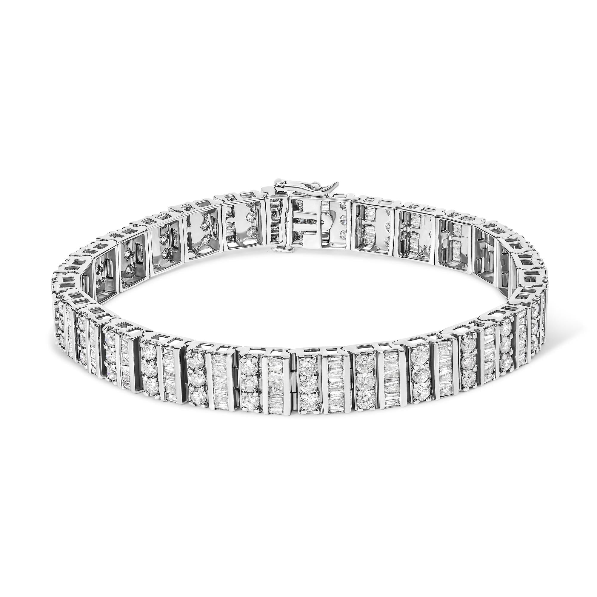 14K White Gold 6.00 Cttw Alternating Round and Baguette Diamond Tennis Bracelet (H-I Color, I1-I2 Clarity) - 7" Inches