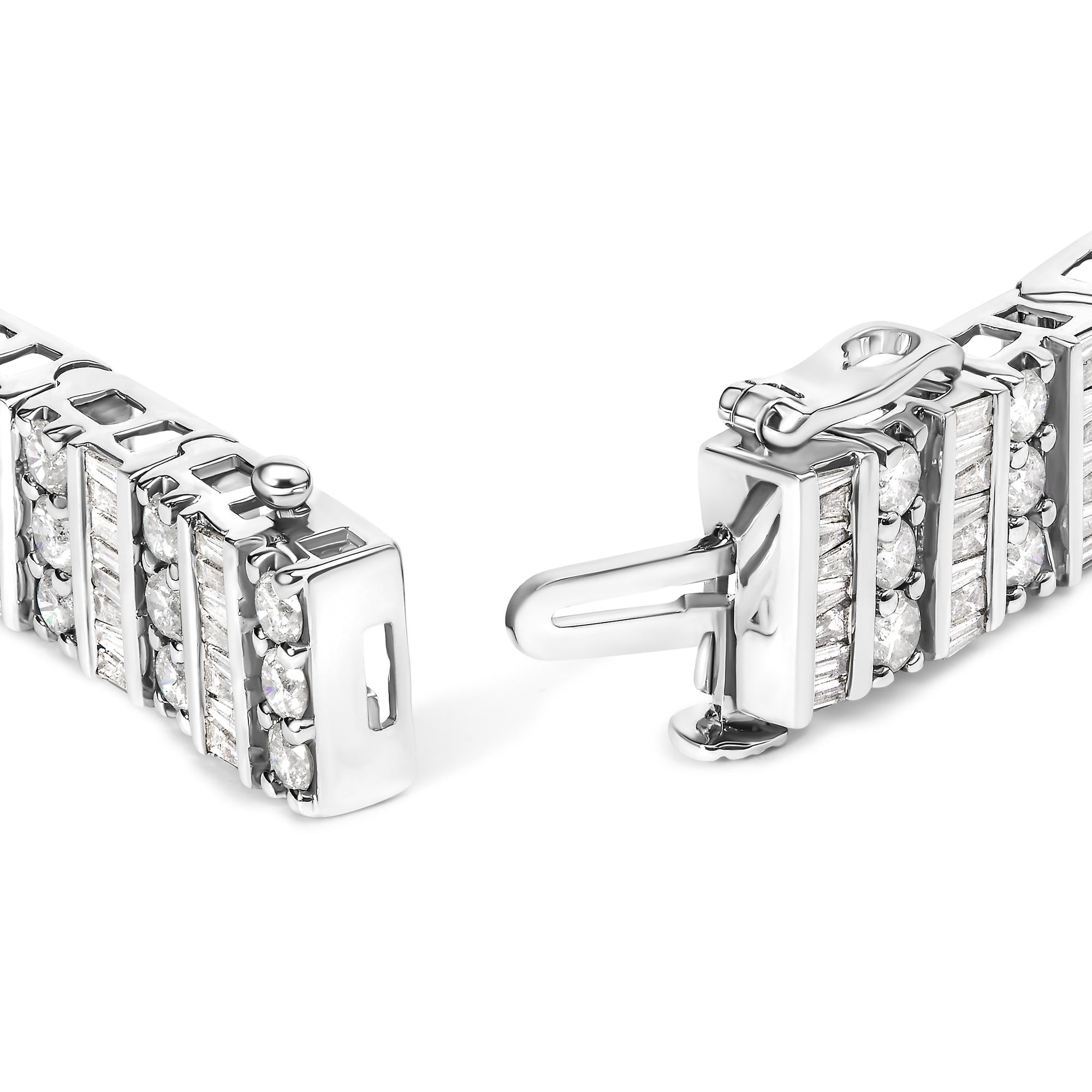 14K White Gold 6.00 Cttw Alternating Round and Baguette Diamond Tennis Bracelet (H-I Color, I1-I2 Clarity) - 7" Inches