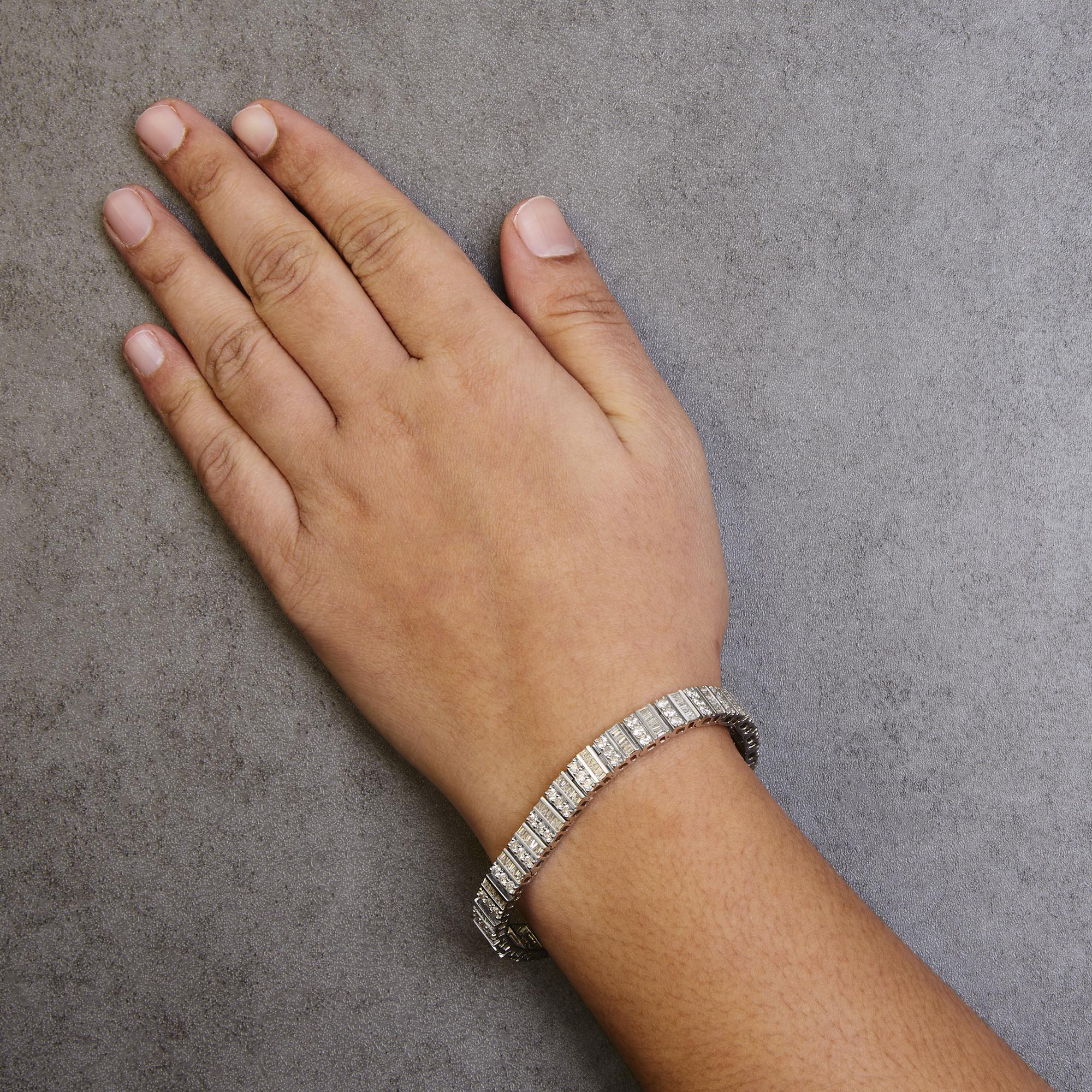 14K White Gold 6.00 Cttw Alternating Round and Baguette Diamond Tennis Bracelet (H-I Color, I1-I2 Clarity) - 7" Inches