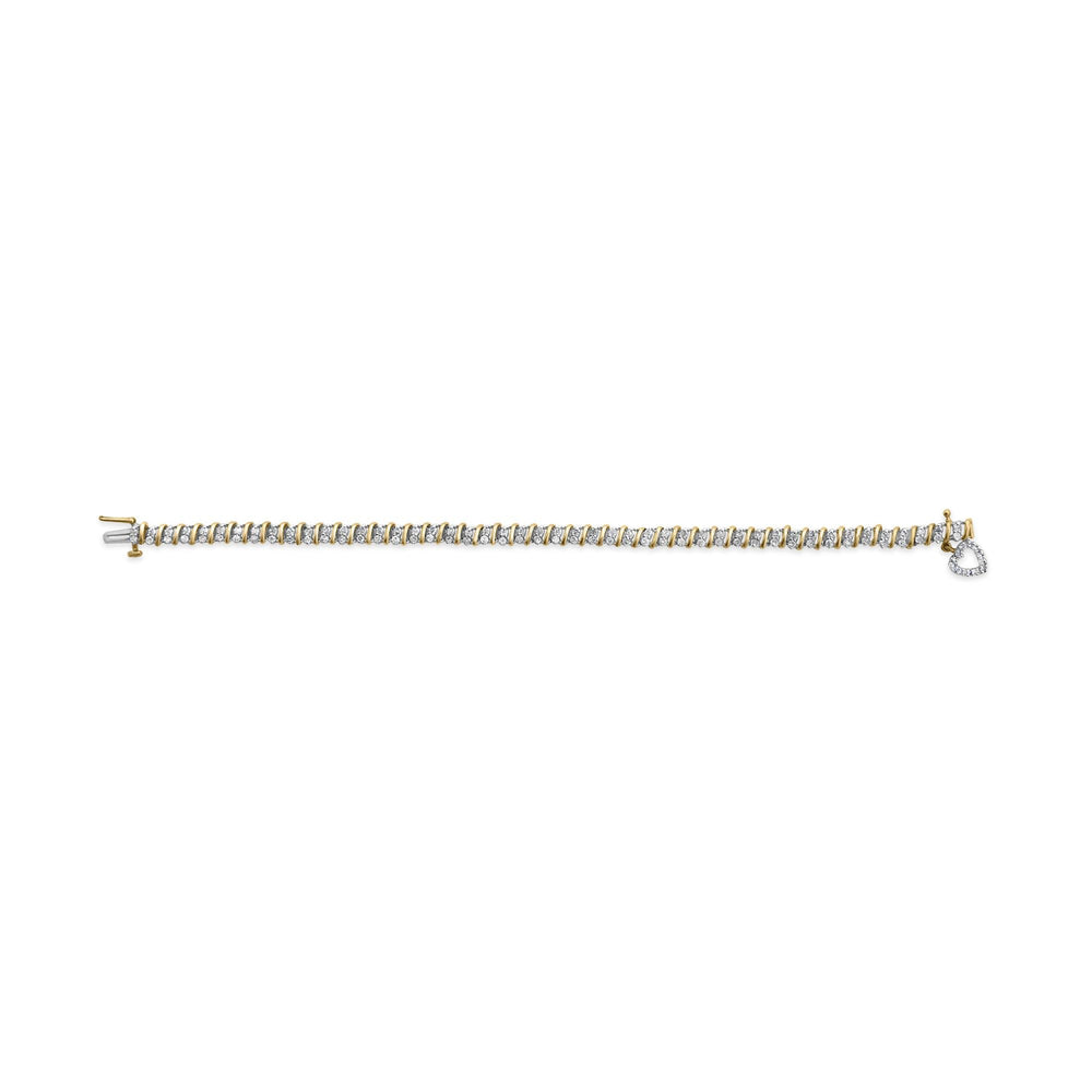 10K Yellow Gold over .925 Sterling Silver 2.0 Cttw Diamond Heart Charm 7" Link Bracelet (I-J Color, I3 Clarity)