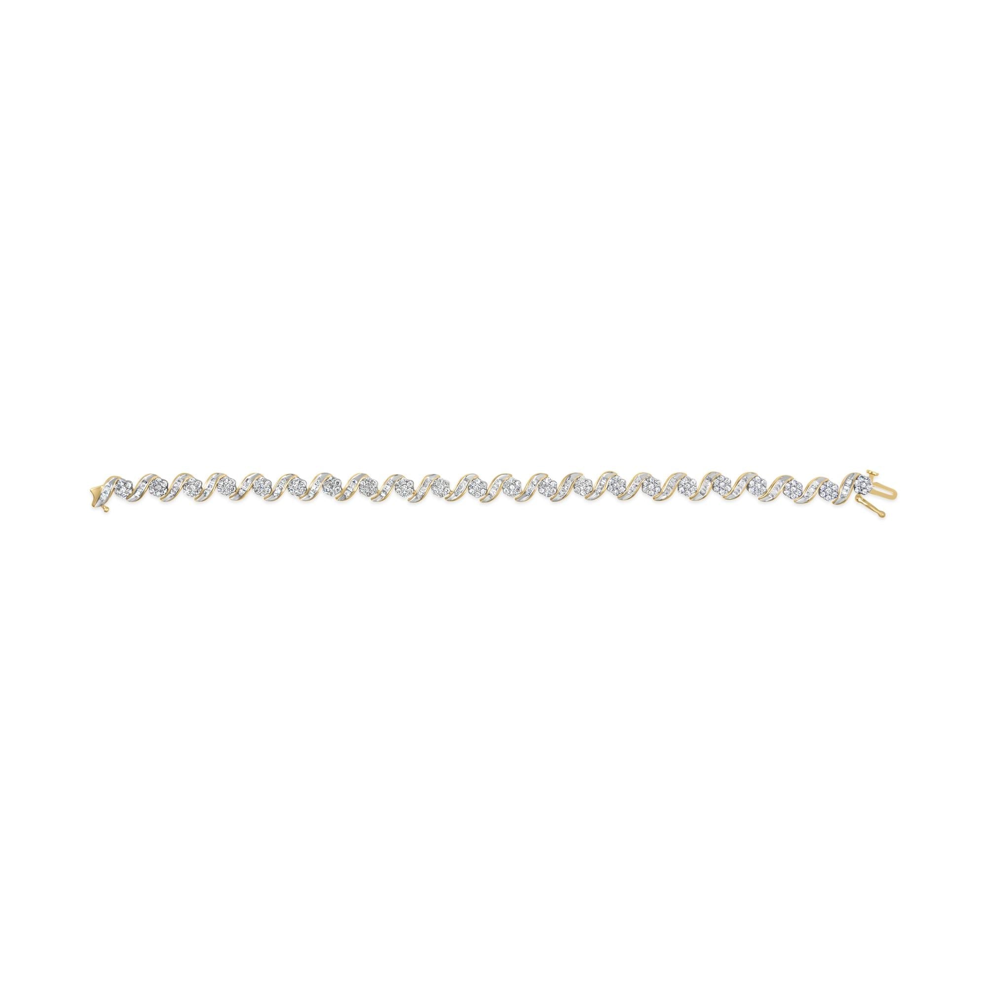 10k Yellow Gold 3.00 Cttw Round-Cut and Baguette-Cut Diamond Floral Link 7.50" Bracelet (J-K Color, I1-I2 Clarity)