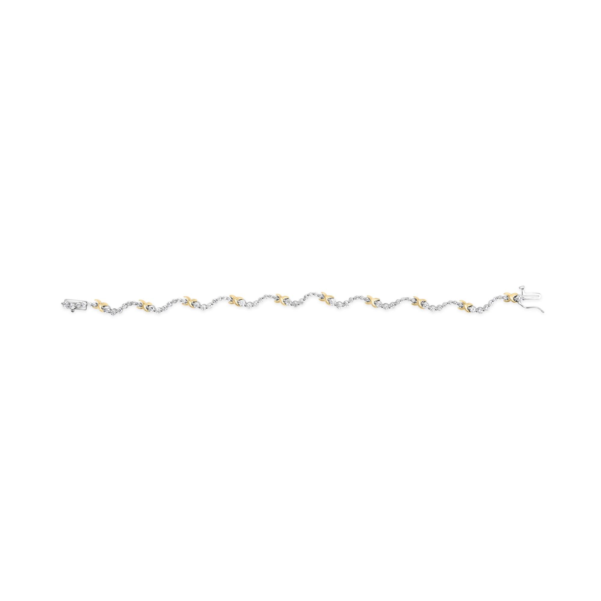 10K Two-Tone 2.00 Cttw Diamond "X" and Wave Link Bracelet (H-I Color, I1-I2 Clarity) - 7" Inches