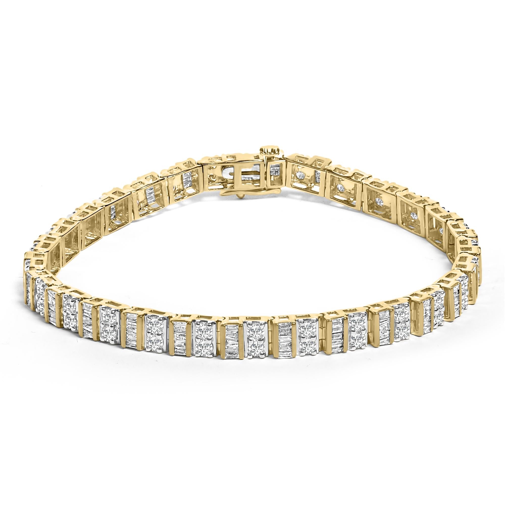10K Yellow Gold 4.0 Cttw Alternating Baguette & Round Cut Diamond Bezel- & Prong-Set 7" Tennis Bracelet (G-H Color, SI1-SI2 Clarity)