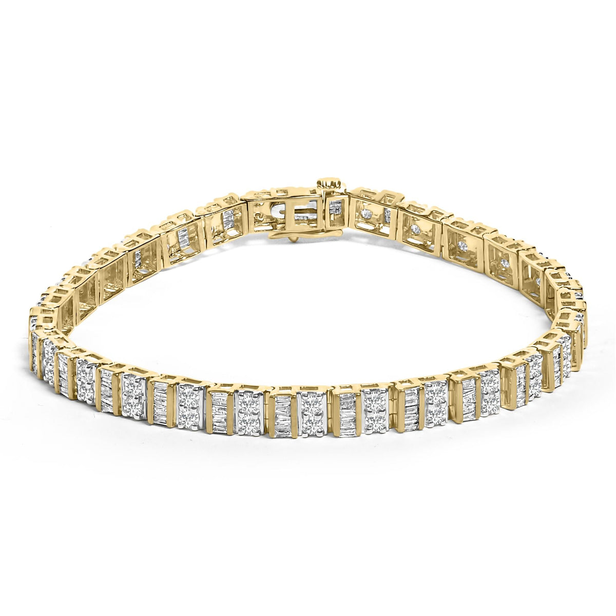 10K Yellow Gold 4.0 Cttw Alternating Baguette & Round Cut Diamond Bezel- & Prong-Set 7" Tennis Bracelet (G-H Color, SI1-SI2 Clarity)