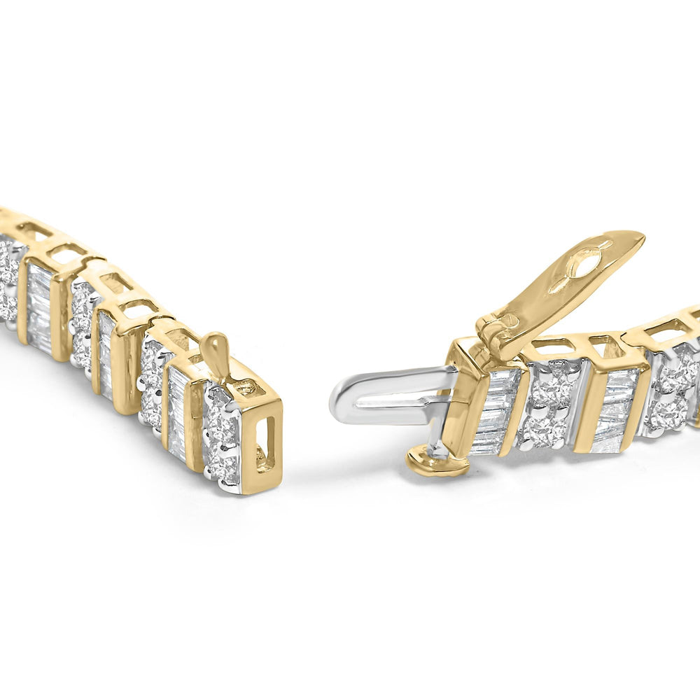 10K Yellow Gold 4.0 Cttw Alternating Baguette & Round Cut Diamond Bezel- & Prong-Set 7" Tennis Bracelet (G-H Color, SI1-SI2 Clarity)
