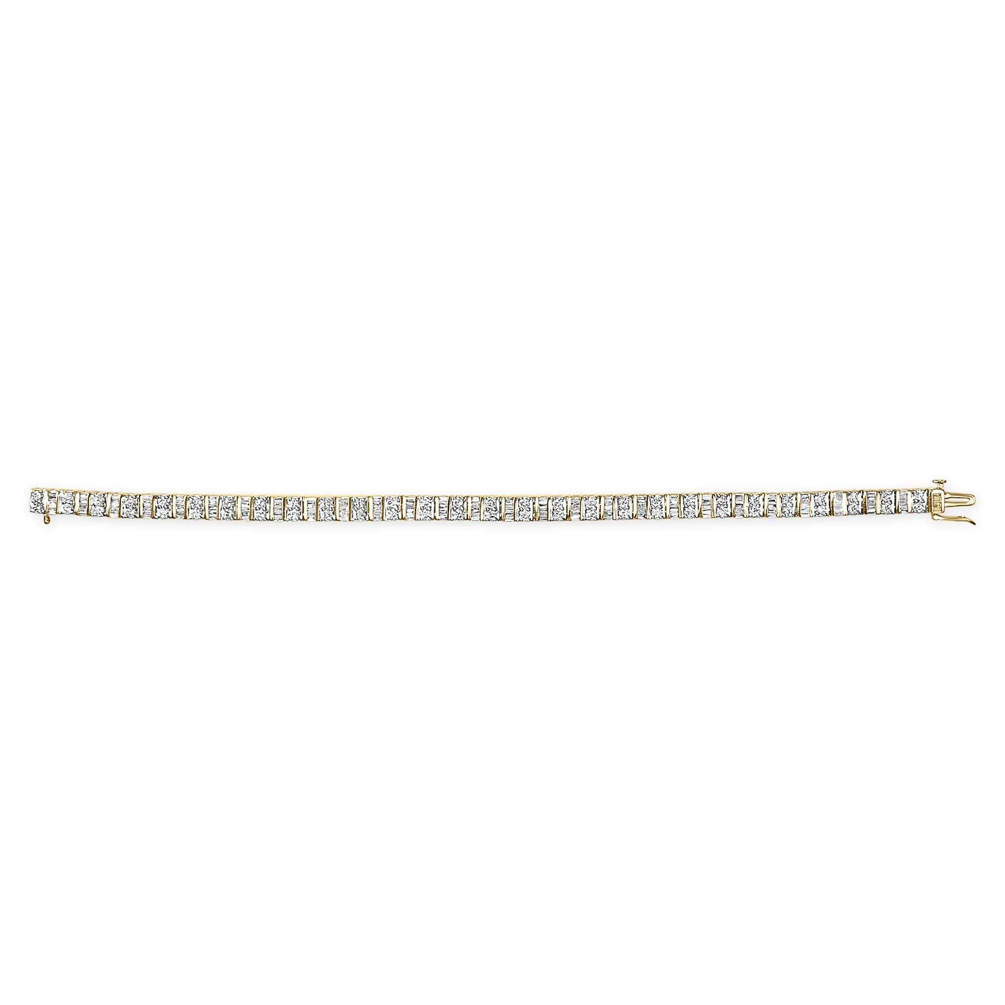 10K Yellow Gold 4.0 Cttw Alternating Baguette & Round Cut Diamond Bezel- & Prong-Set 7" Tennis Bracelet (G-H Color, SI1-SI2 Clarity)