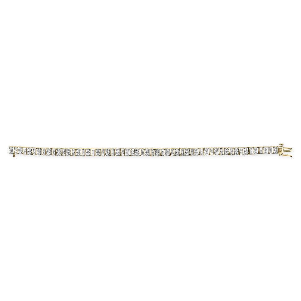 10K Yellow Gold 4.0 Cttw Alternating Baguette & Round Cut Diamond Bezel- & Prong-Set 7" Tennis Bracelet (G-H Color, SI1-SI2 Clarity)