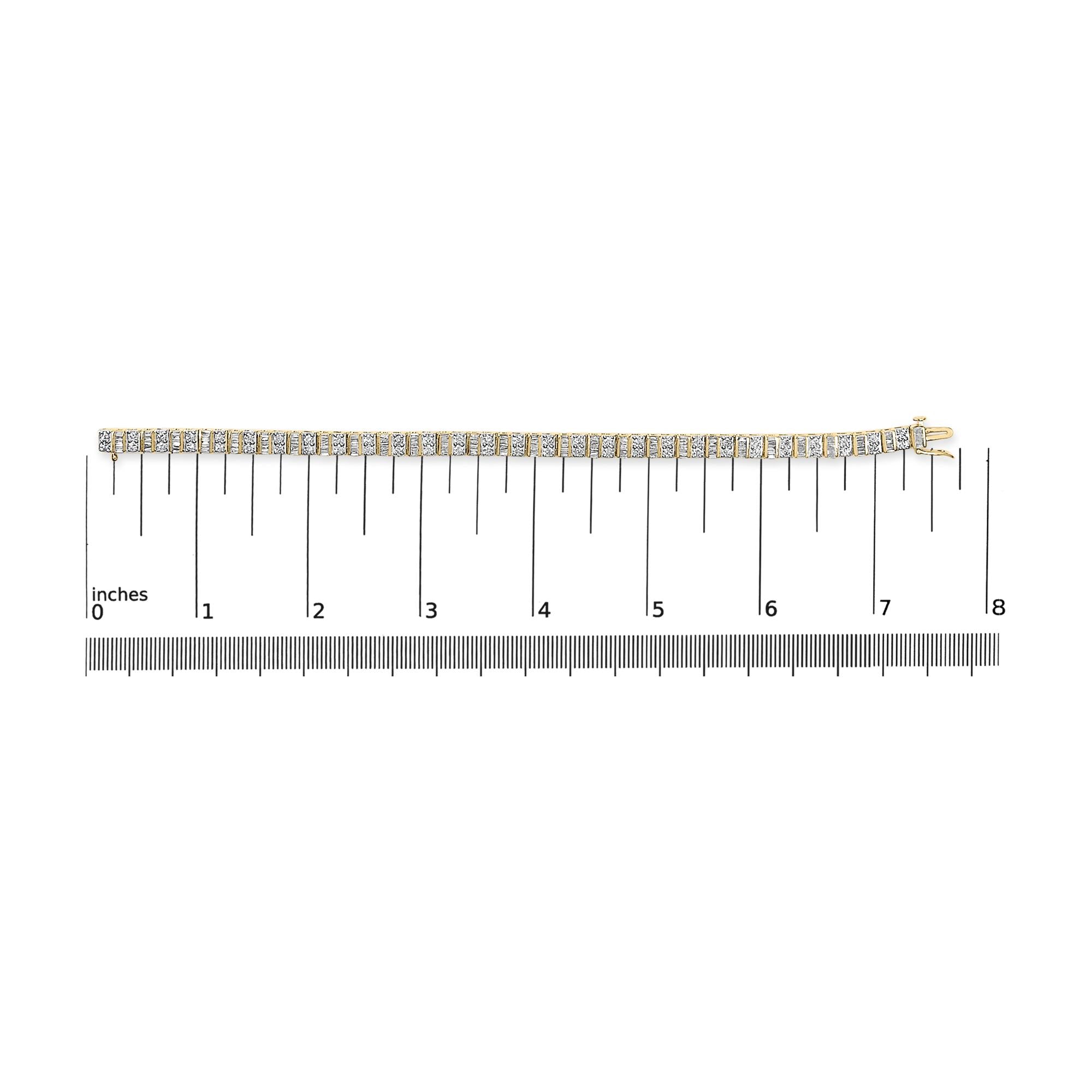 10K Yellow Gold 4.0 Cttw Alternating Baguette & Round Cut Diamond Bezel- & Prong-Set 7" Tennis Bracelet (G-H Color, SI1-SI2 Clarity)