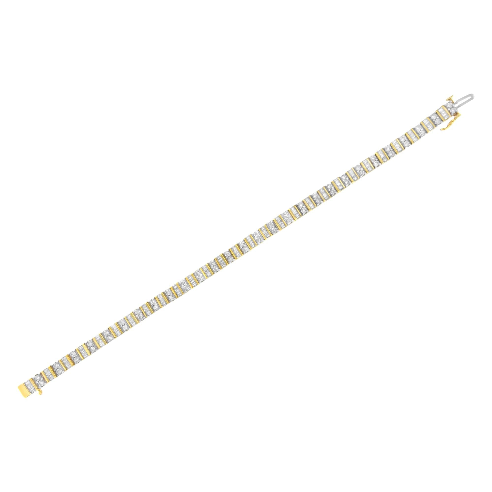 14KT Yellow Gold 4.0 Cttw Baguette & Round Brilliant-Cut Diamond Channel & Prong-Set Tennis Bracelet (H-I Color, SI2-I1 Clarity) - 7"