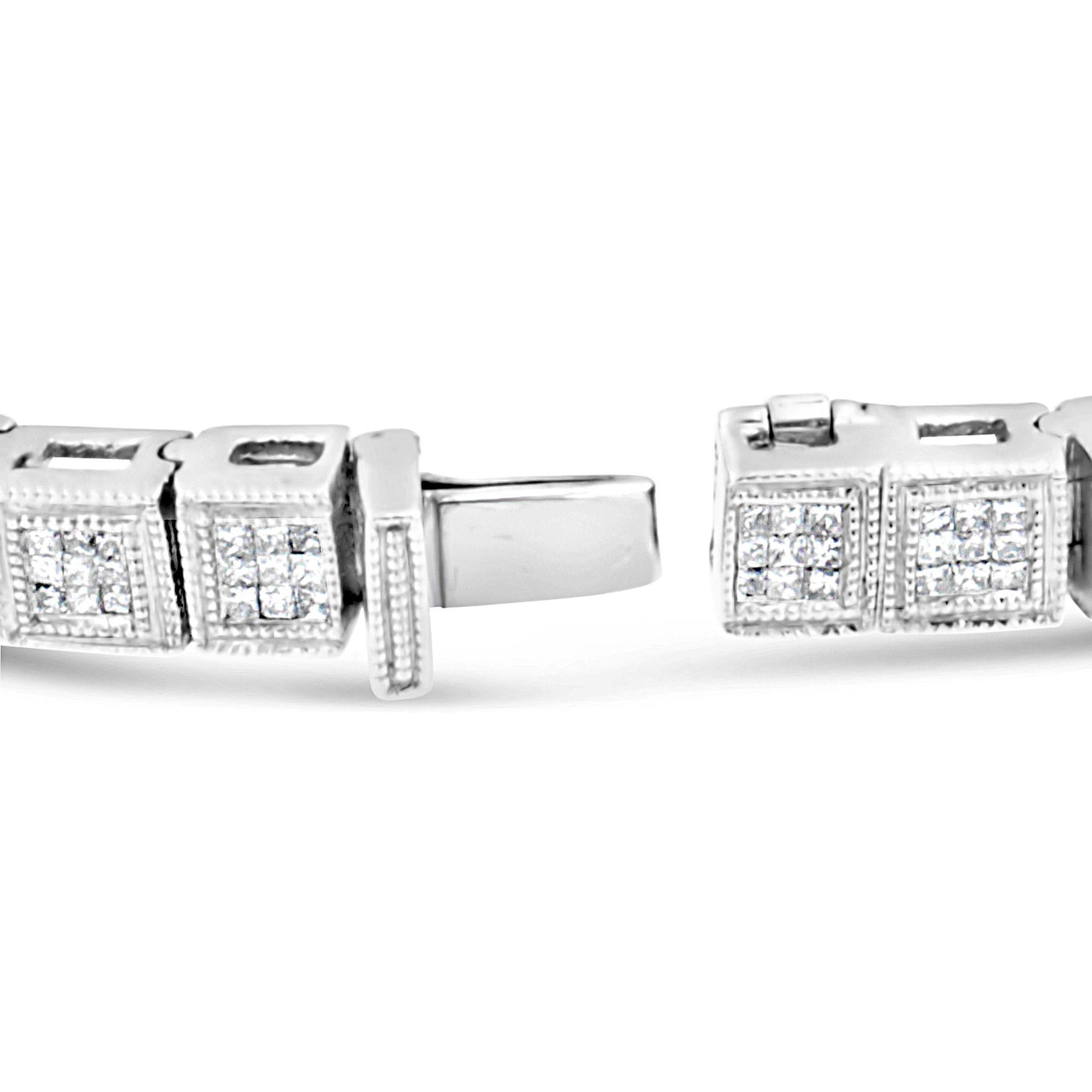 14K White Gold 2 1/5 Cttw Princess Diamond Box Link with Milgrain Tennis Bracelet (H-I Color, SI1-SI2 Clarity) - 6" Inches