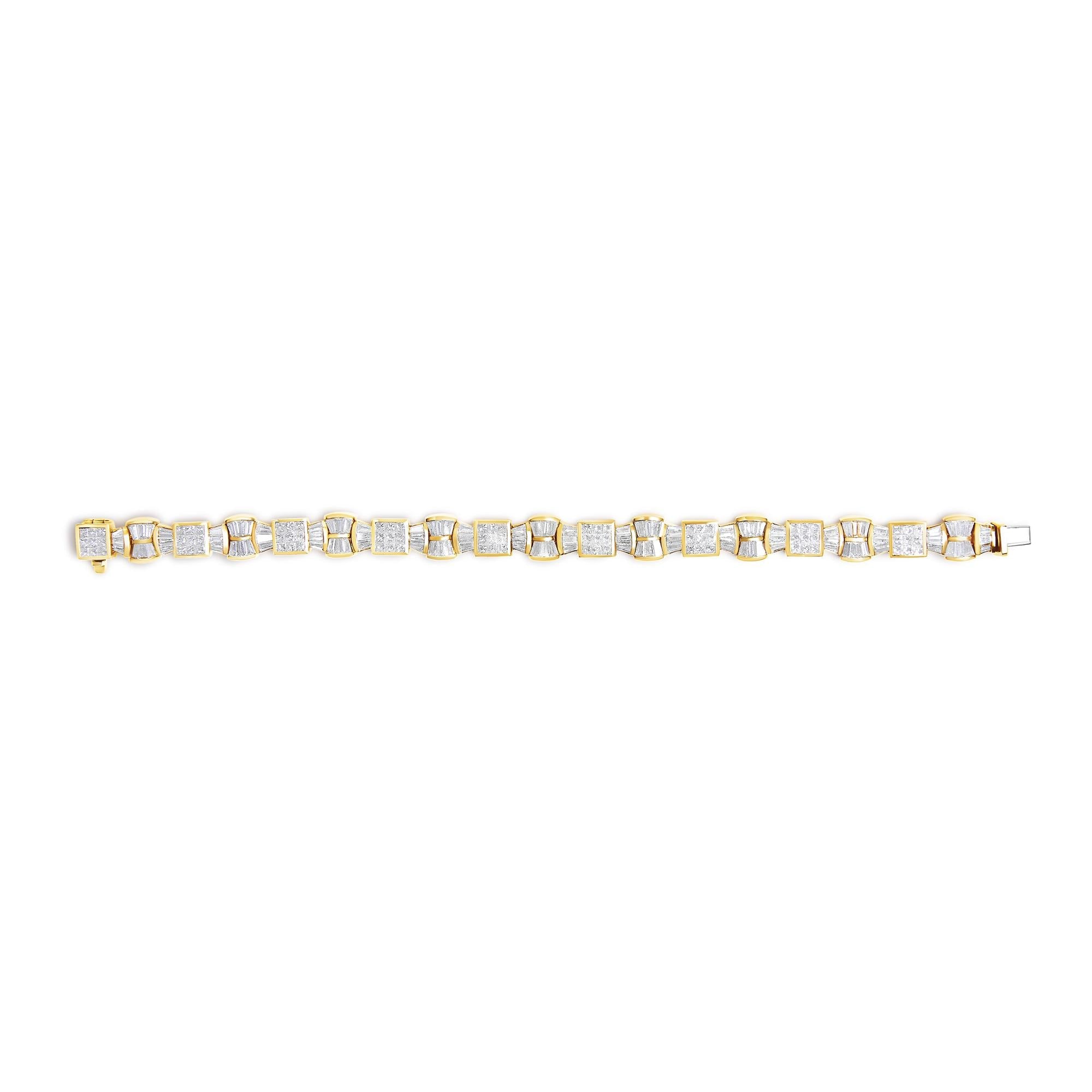 14K Yellow Gold 9 7/8 Cttw Princess and Baguette Diamond Bow and Box Link Tennis Bracelet (G-H Color, VS1-VS2 Clarity) - 7" Inches