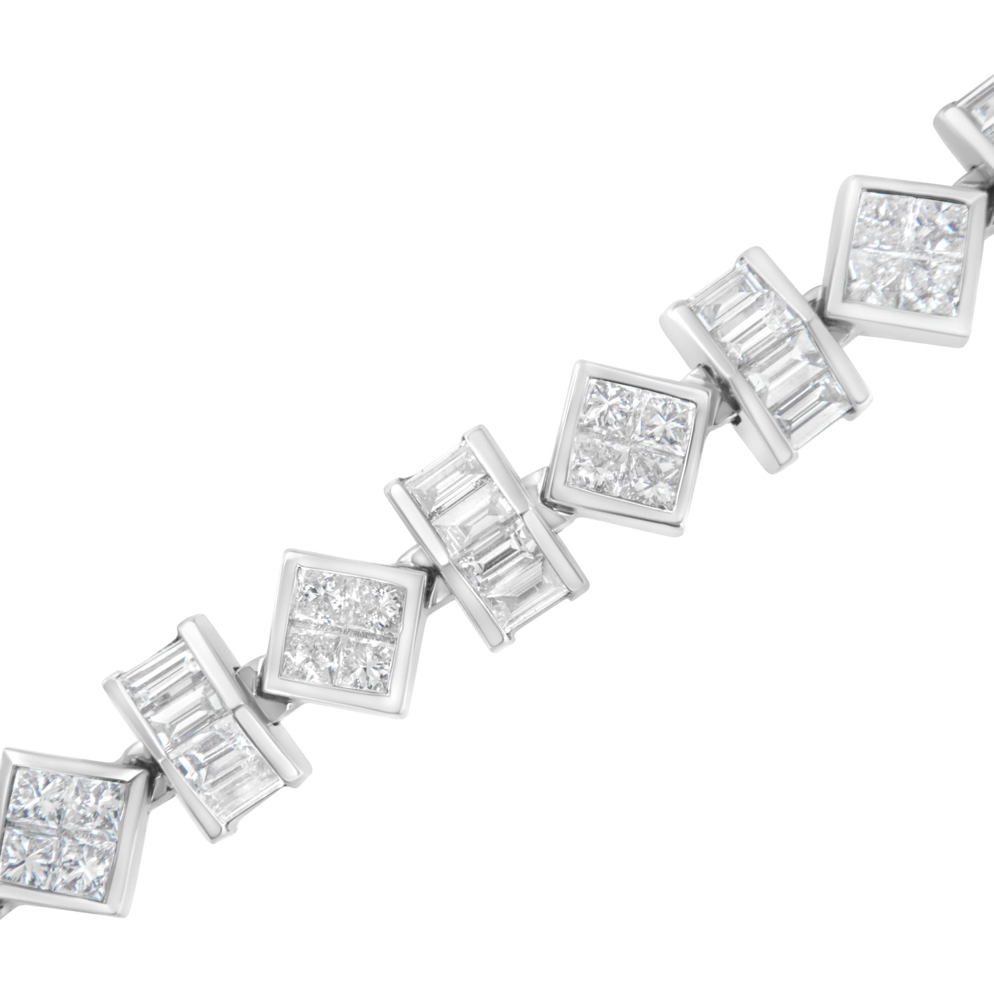 14K White Gold 9.0 Cttw Princess and Baguette Diamond Geometrical Style Link Bracelet (G-H Color, VS1-VS2 Clarity) - 7" Inches