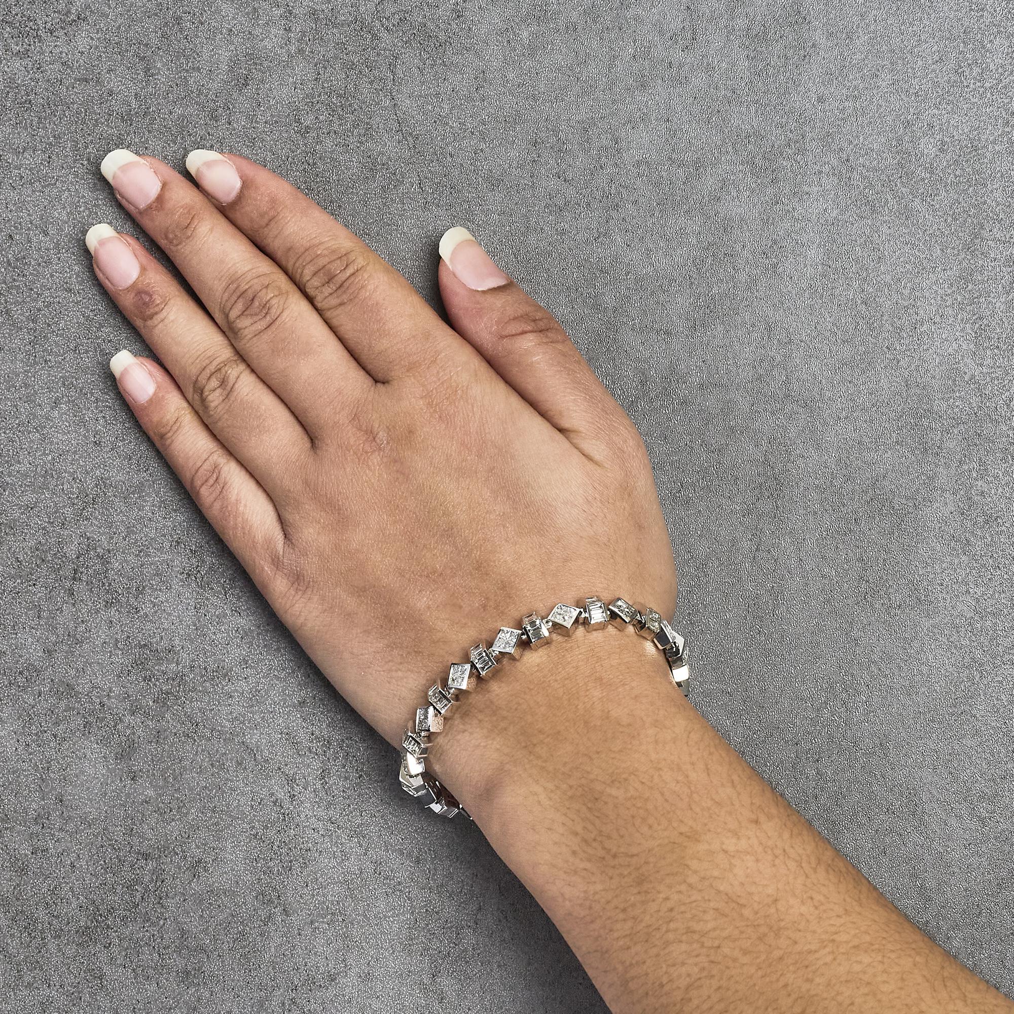 14K White Gold 9.0 Cttw Princess and Baguette Diamond Geometrical Style Link Bracelet (G-H Color, VS1-VS2 Clarity) - 7" Inches
