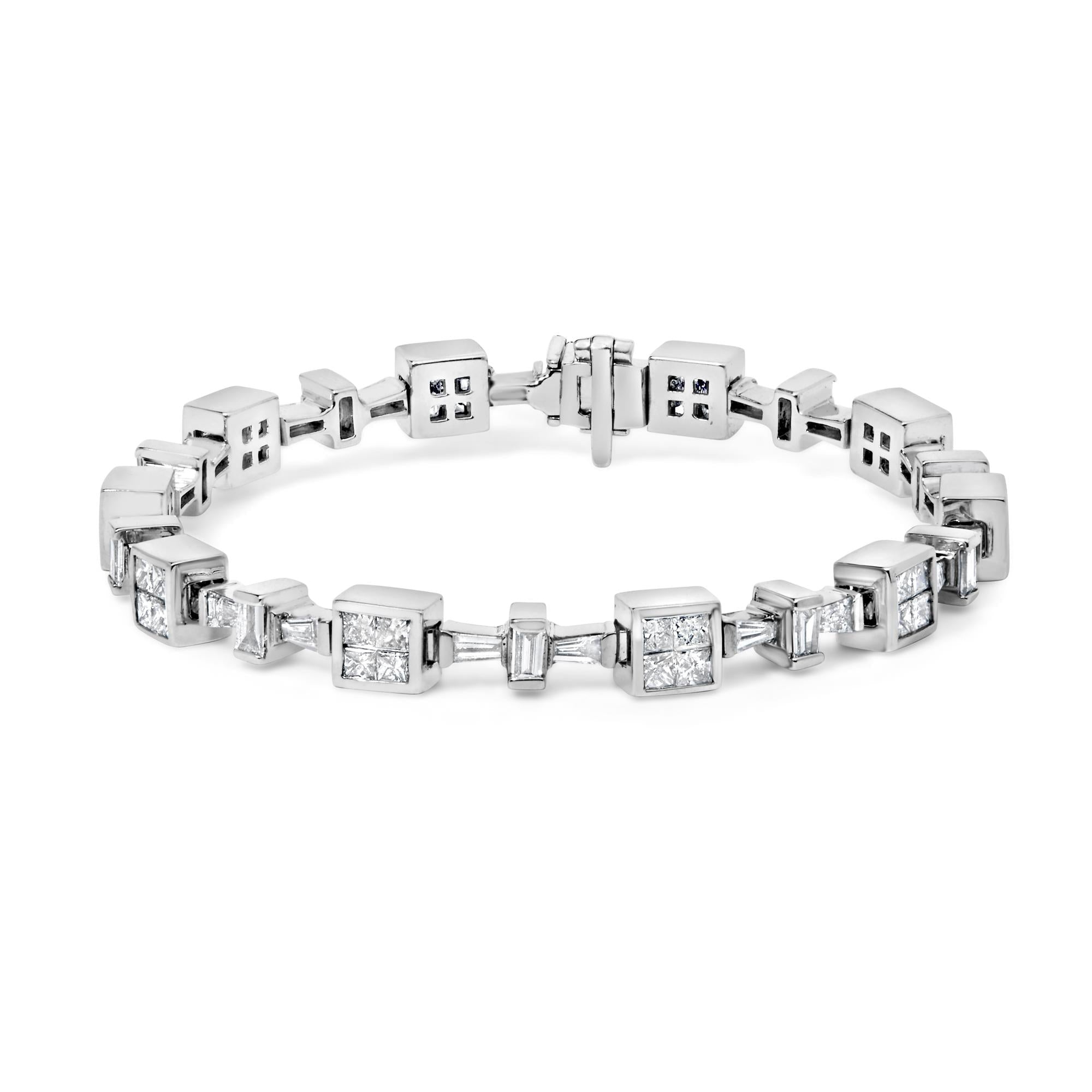 14K White Gold 5 3/4 Cttw Princess and Baguette Diamond Alternating Tapered Link and Box Line Bracelet (H-I Color, SI1-SI2 Clarity) -7" Inches