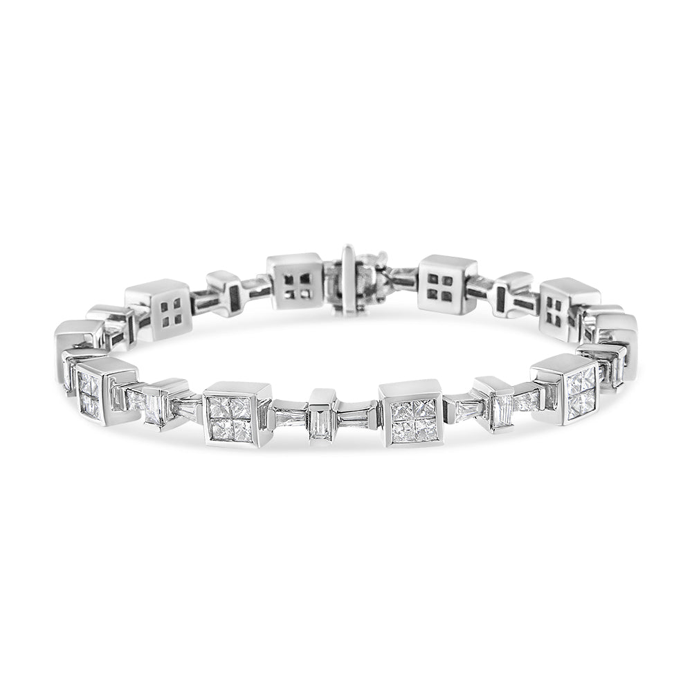 14K White Gold 5 3/4 Cttw Princess and Baguette Diamond Alternating Tapered Link and Box Line Bracelet (H-I Color, SI1-SI2 Clarity) -7" Inches