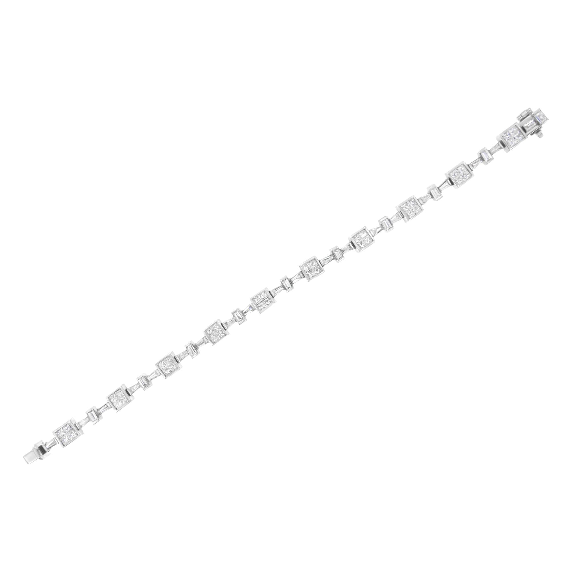 14K White Gold 5 3/4 Cttw Princess and Baguette Diamond Alternating Tapered Link and Box Line Bracelet (H-I Color, SI1-SI2 Clarity) -7" Inches