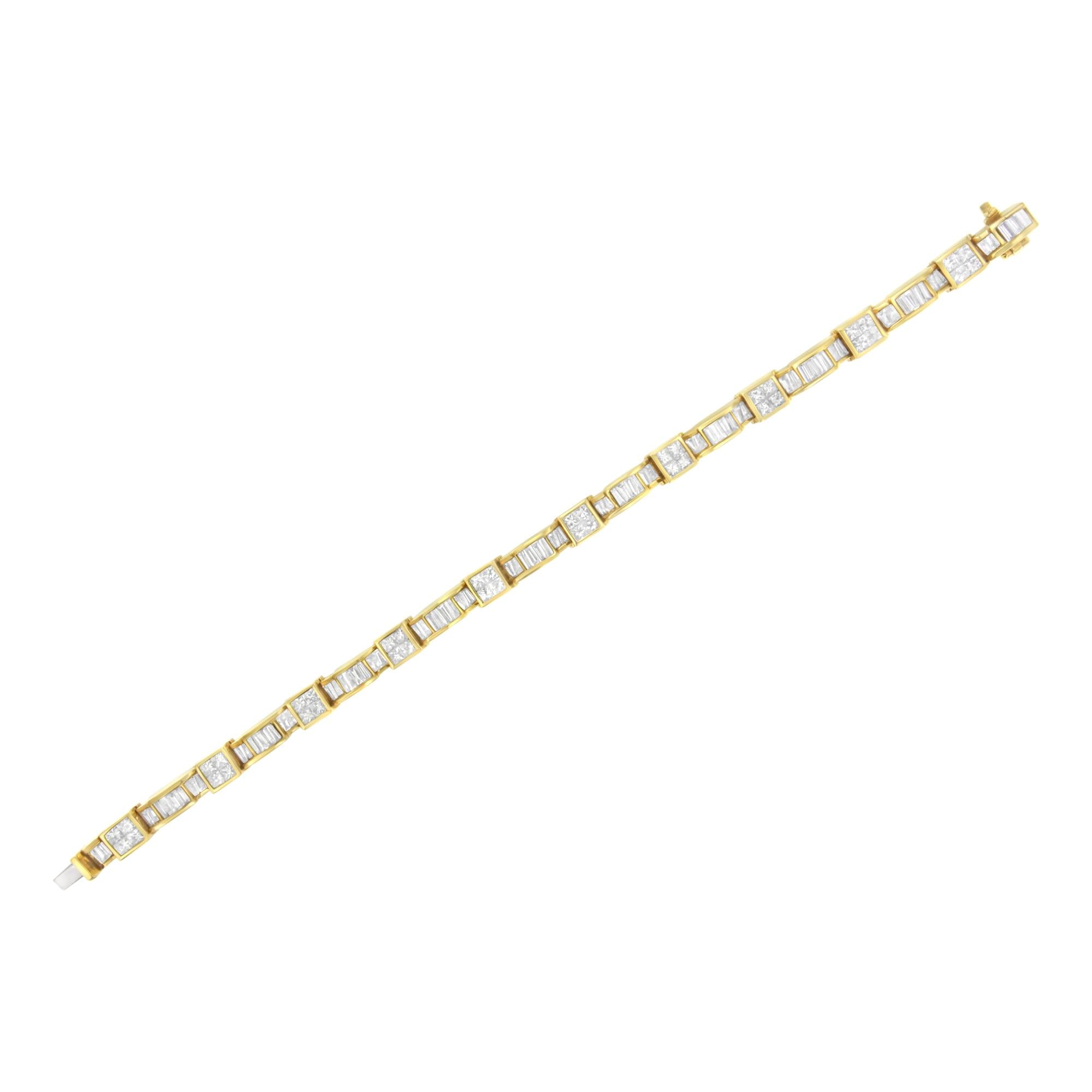 14K Yellow Gold 7.0 Cttw Baguette Cut Diamond Alternating Box and Wave Link Bracelet (G-H Color, VS1-VS2 Clarity) - 7" Inches