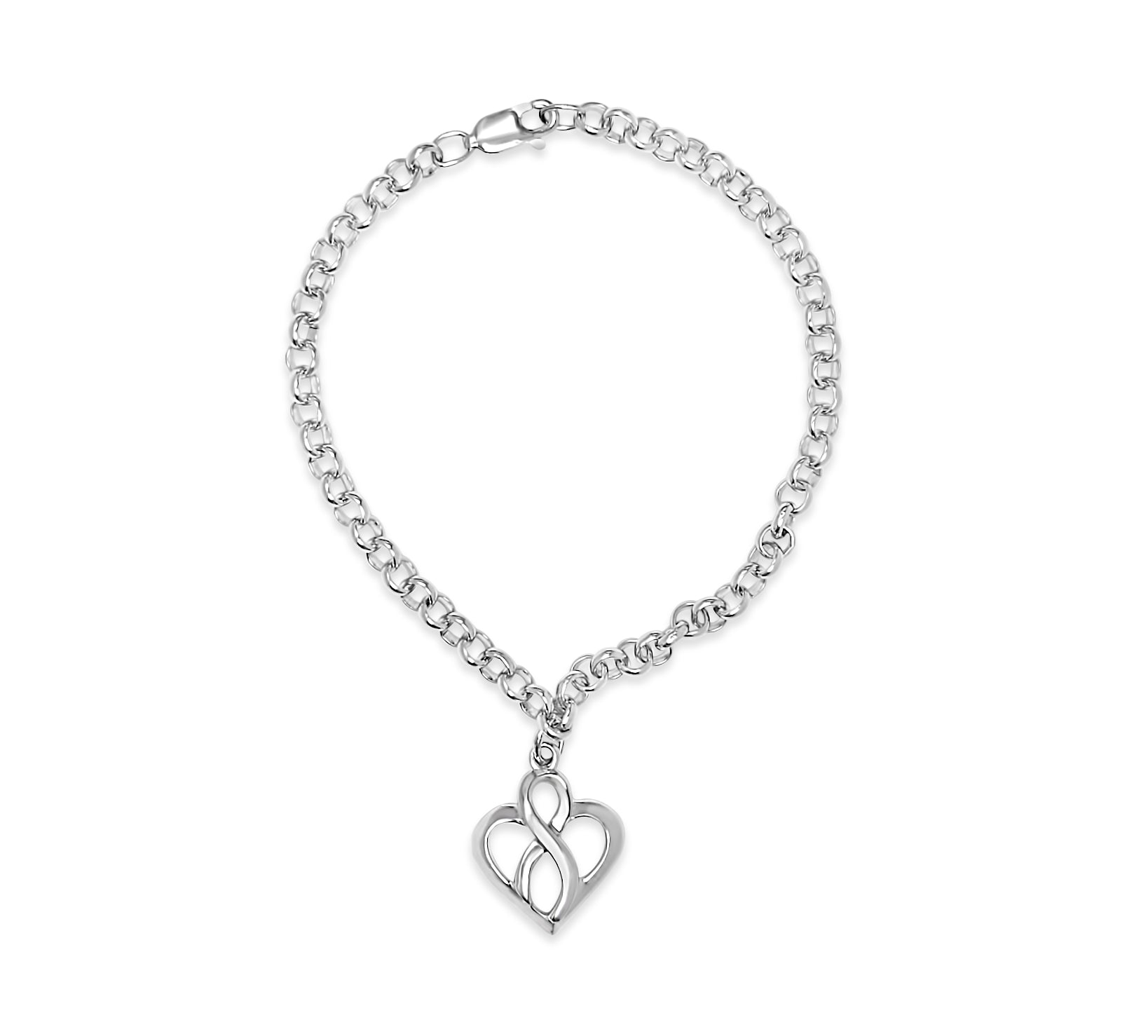 .925 Sterling Silver Open Heart with Center Vertical Infinity Chain Charm Bracelet - Size 7"