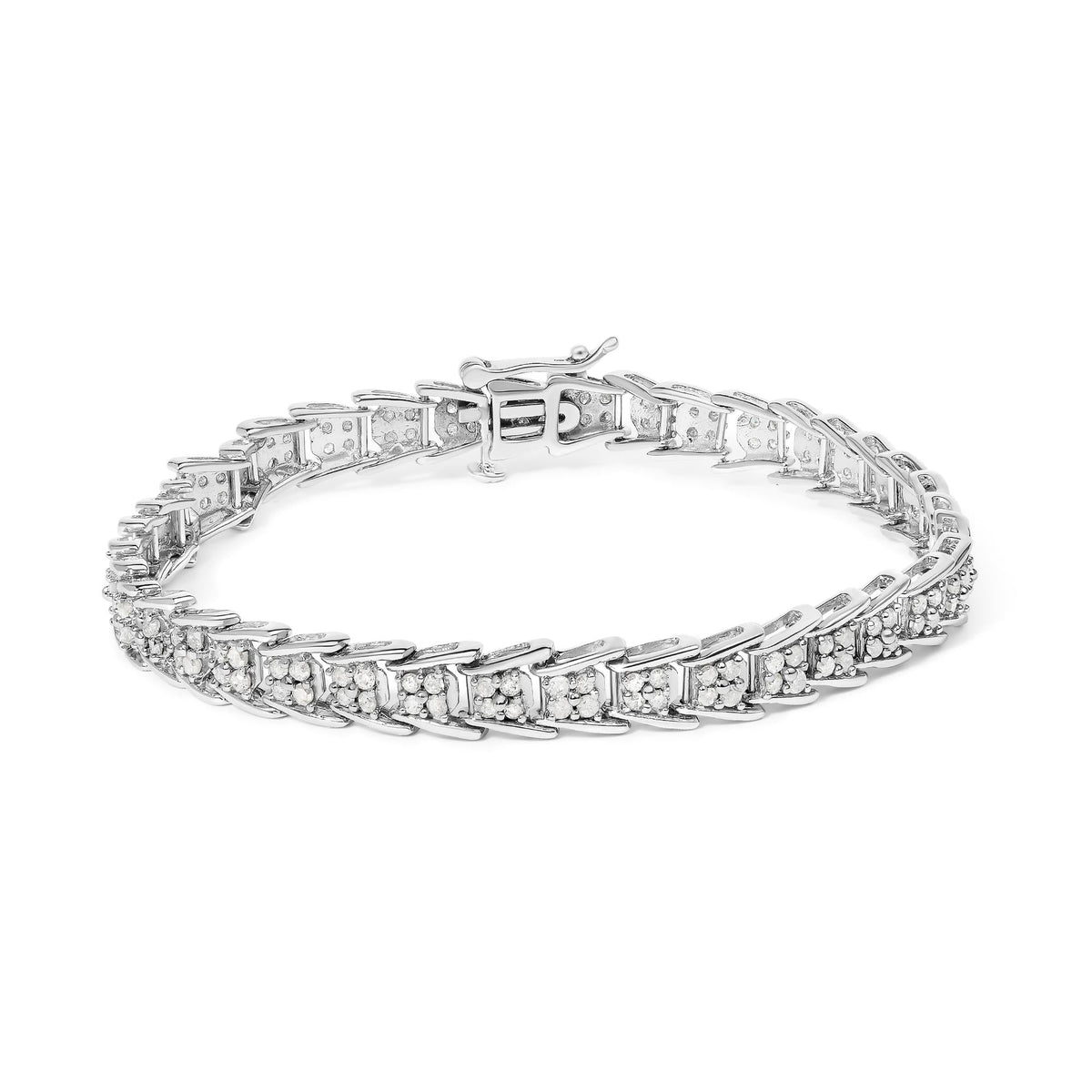 .925 Sterling Silver 2.0 Cttw Diamond Fan-Shaped Fancy Chevron Link Tennis Bracelet