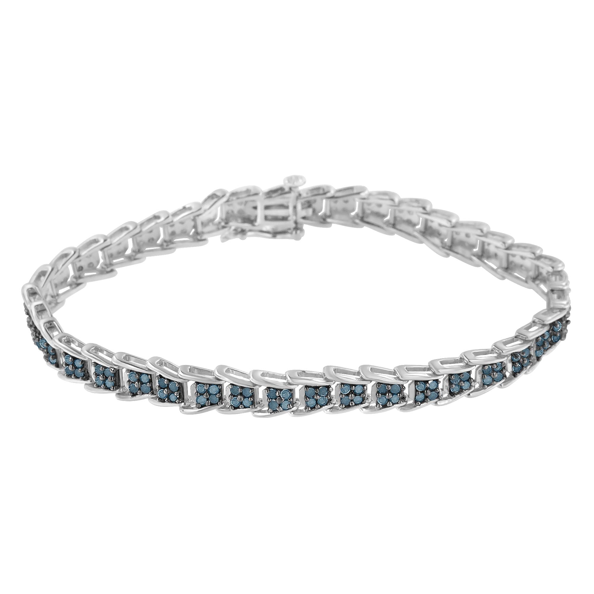 .925 Sterling Silver 2 cttw Treated Blue Diamond Fan-Shaped Nested Link 7" Tennis Bracelet (Blue Color, I3 Clarity) - Size 7"