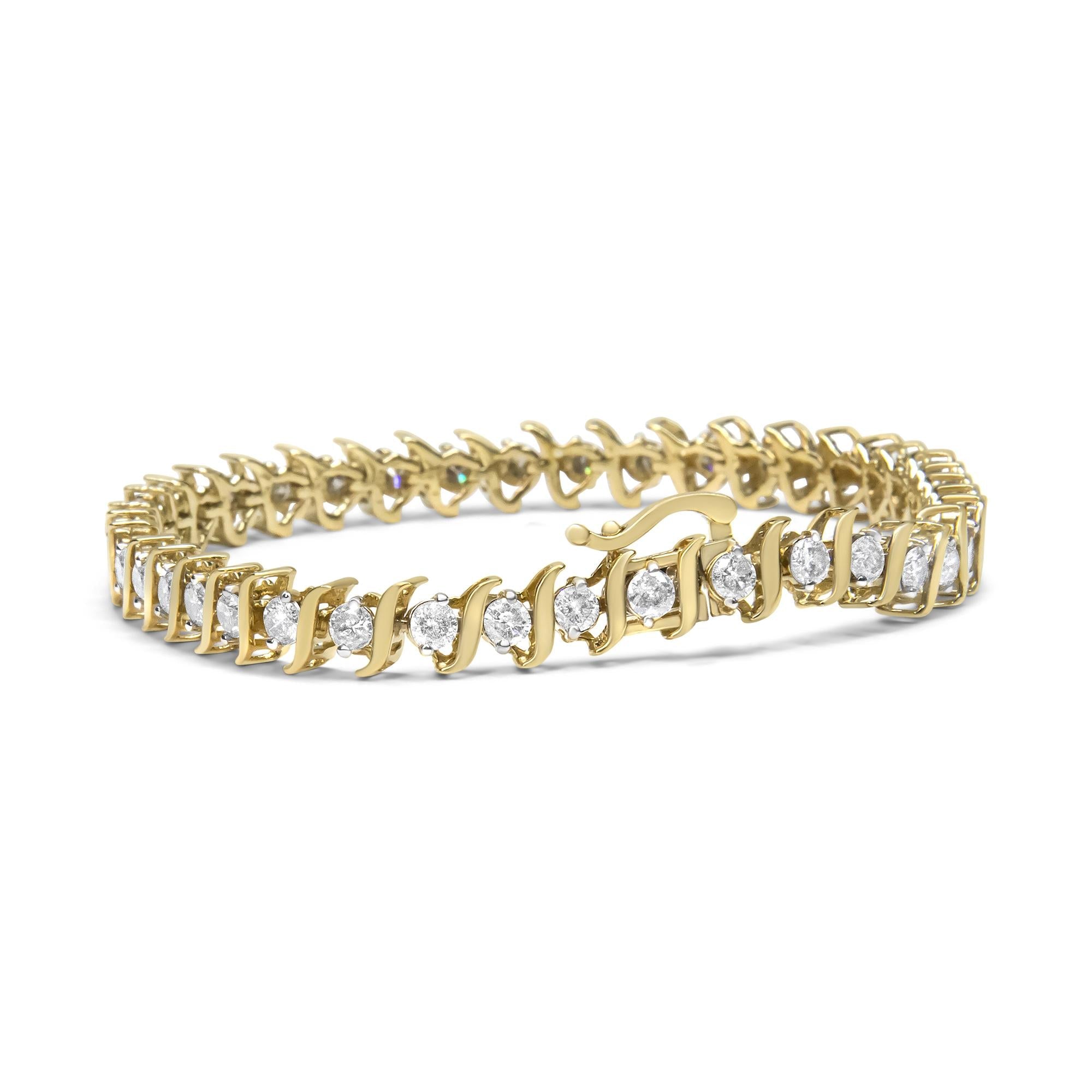 14K Yellow Gold Plated .925 Sterling Silver 4.00 cttw Prong-Set Round-Cut Diamond S-Curve Link Bracelet (K-L color, I2-I3 clarity) - 7.25"