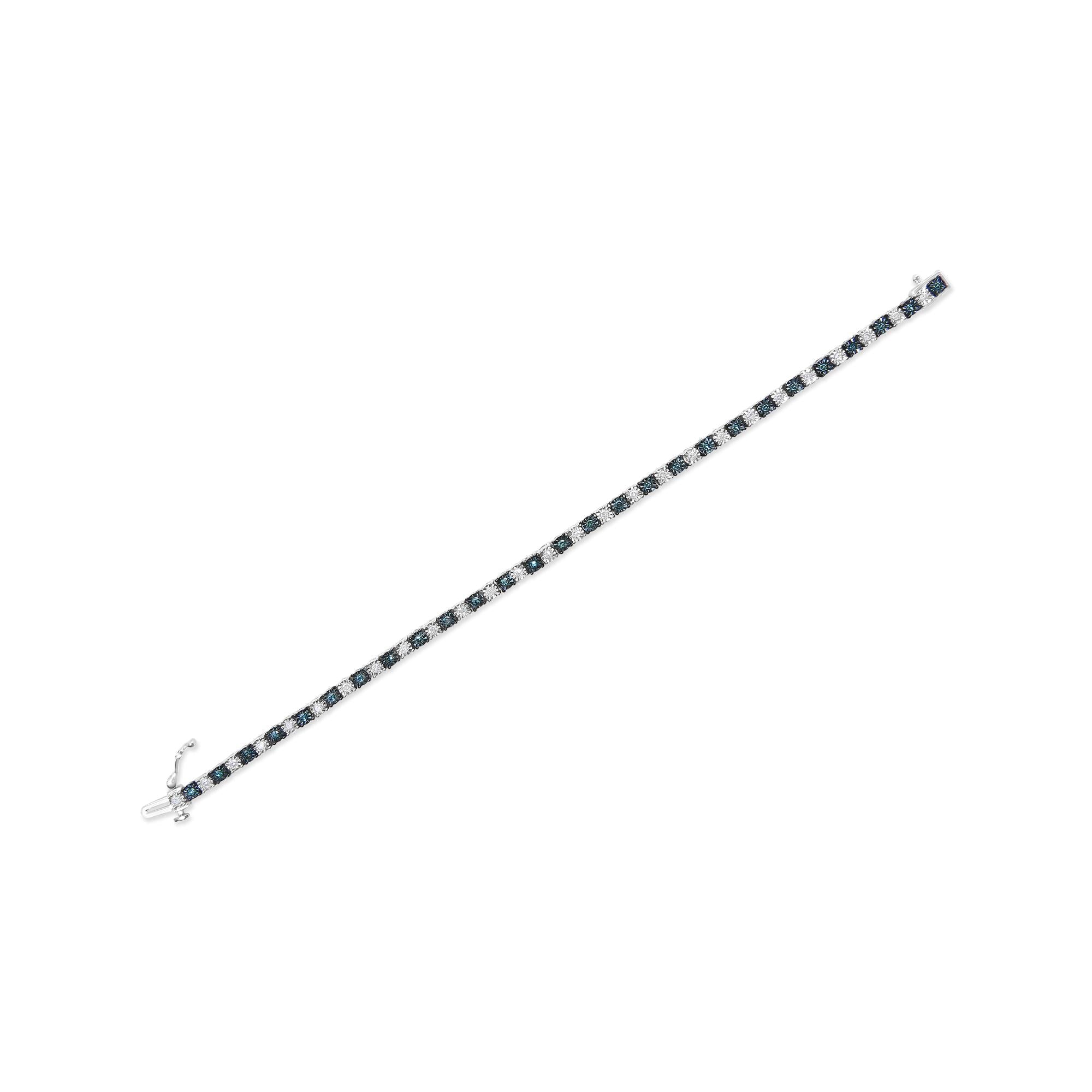 .925 Sterling Silver 1.0 Cttw with Alternating Round White Diamond and Round Treated Blue Diamond Tennis Bracelet (Blue and I-J Color, I3 Clarity) - Size 7" Inches